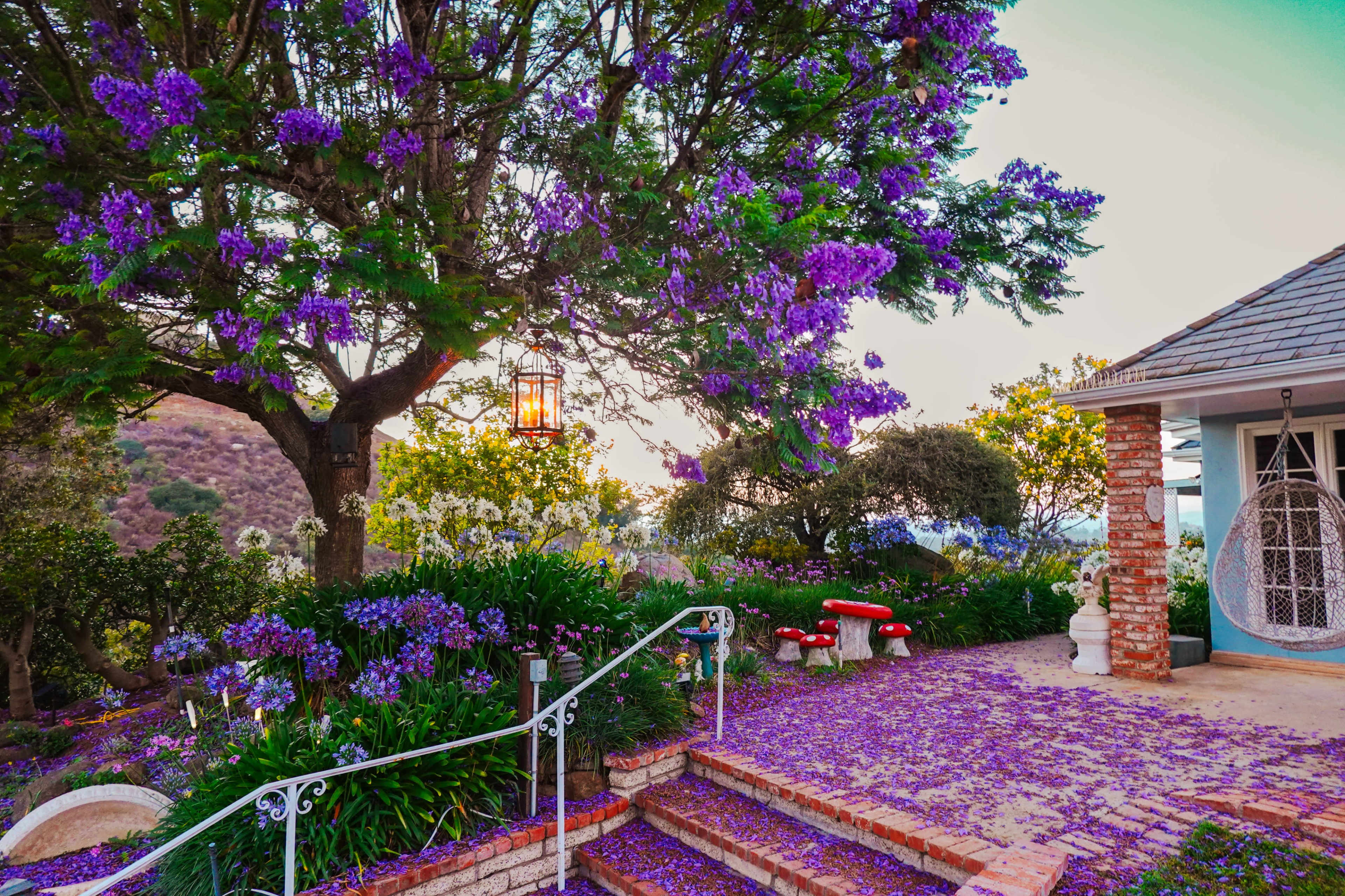 The scene features a blooming garden with purple flowers, a stone pathway, and a charming house nestled among greenery and trees.
