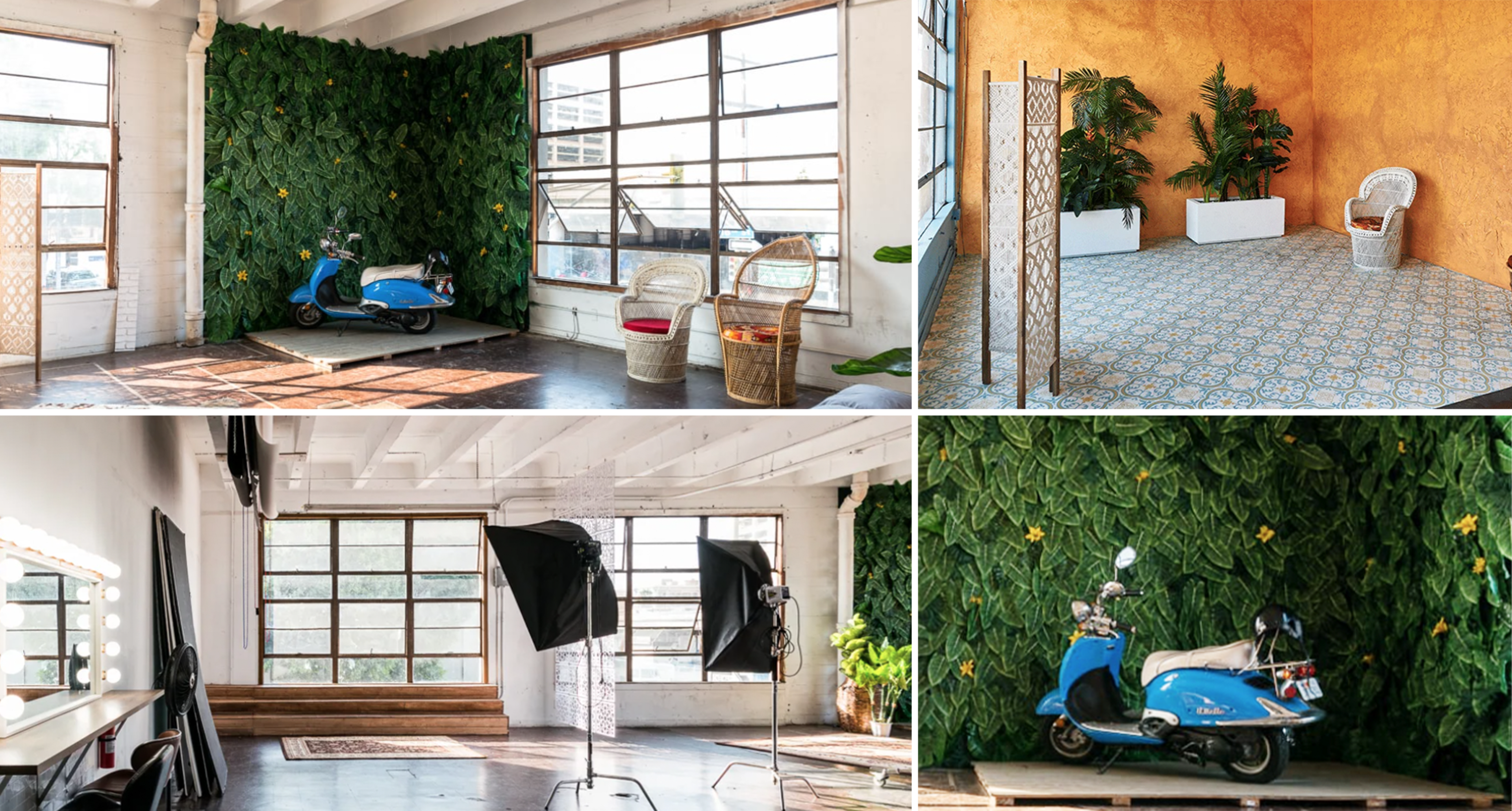 A studio space featuring a green wall of leaves, a blue scooter, decorative plants, and various seating arrangements.