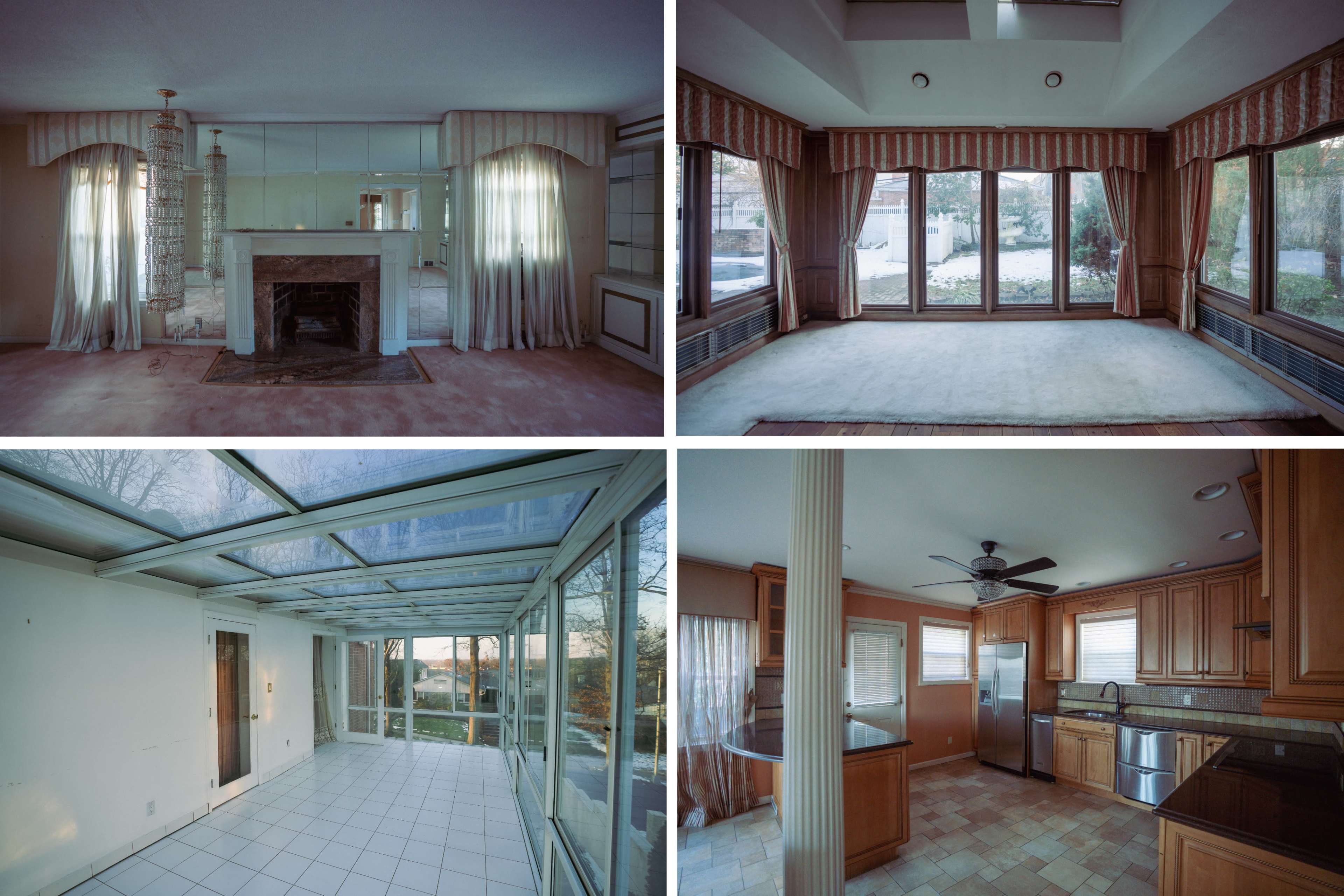 The image features four separate views of an interior space, showcasing a living room with a fireplace, a sunroom with large windows, a glass-enclosed area, and a kitchen with wooden cabinetry.