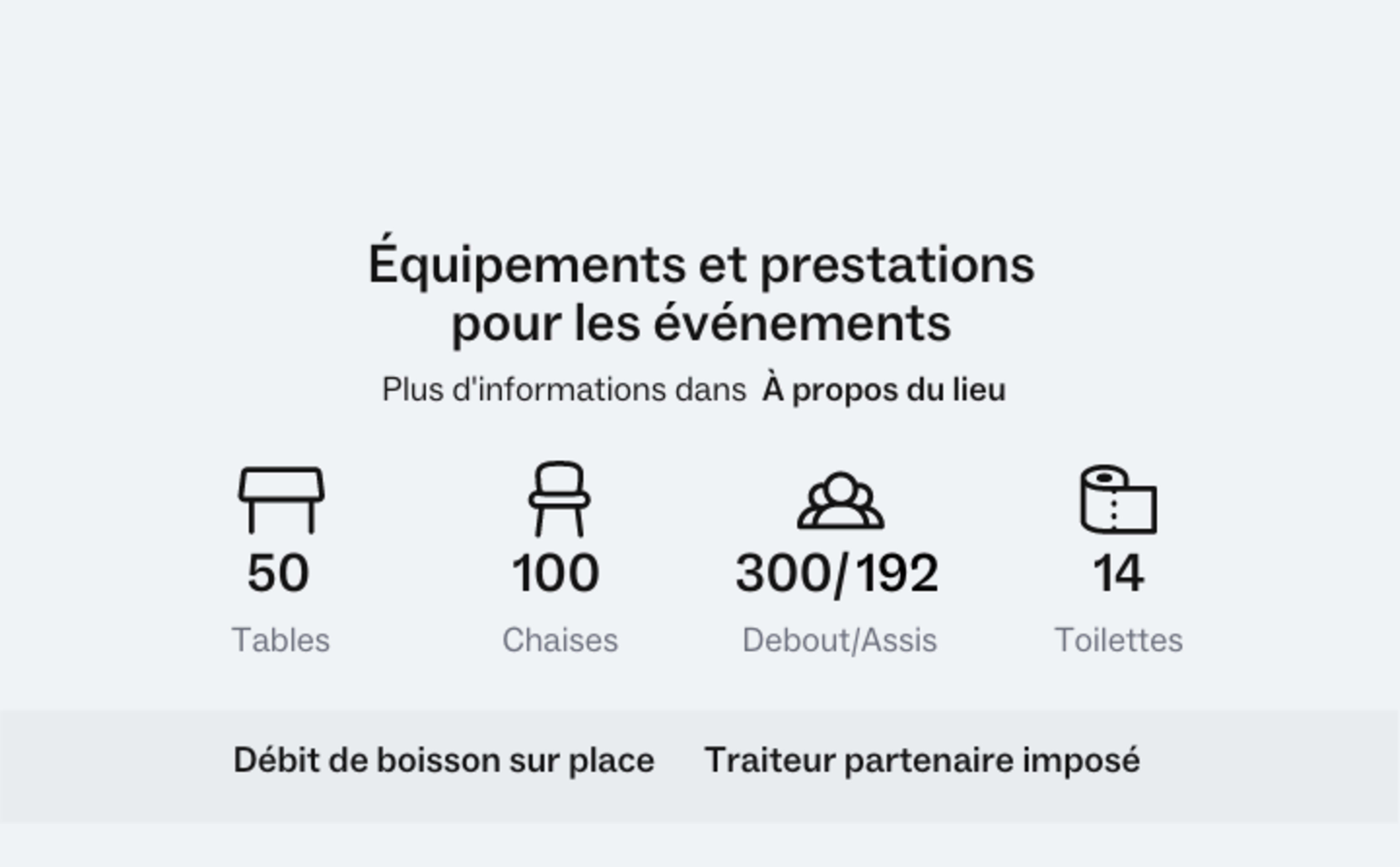 Information about event equipment and services, listing 50 tables, 100 chairs, a capacity of 300 standing or 192 seated guests, and 14 toilets.
