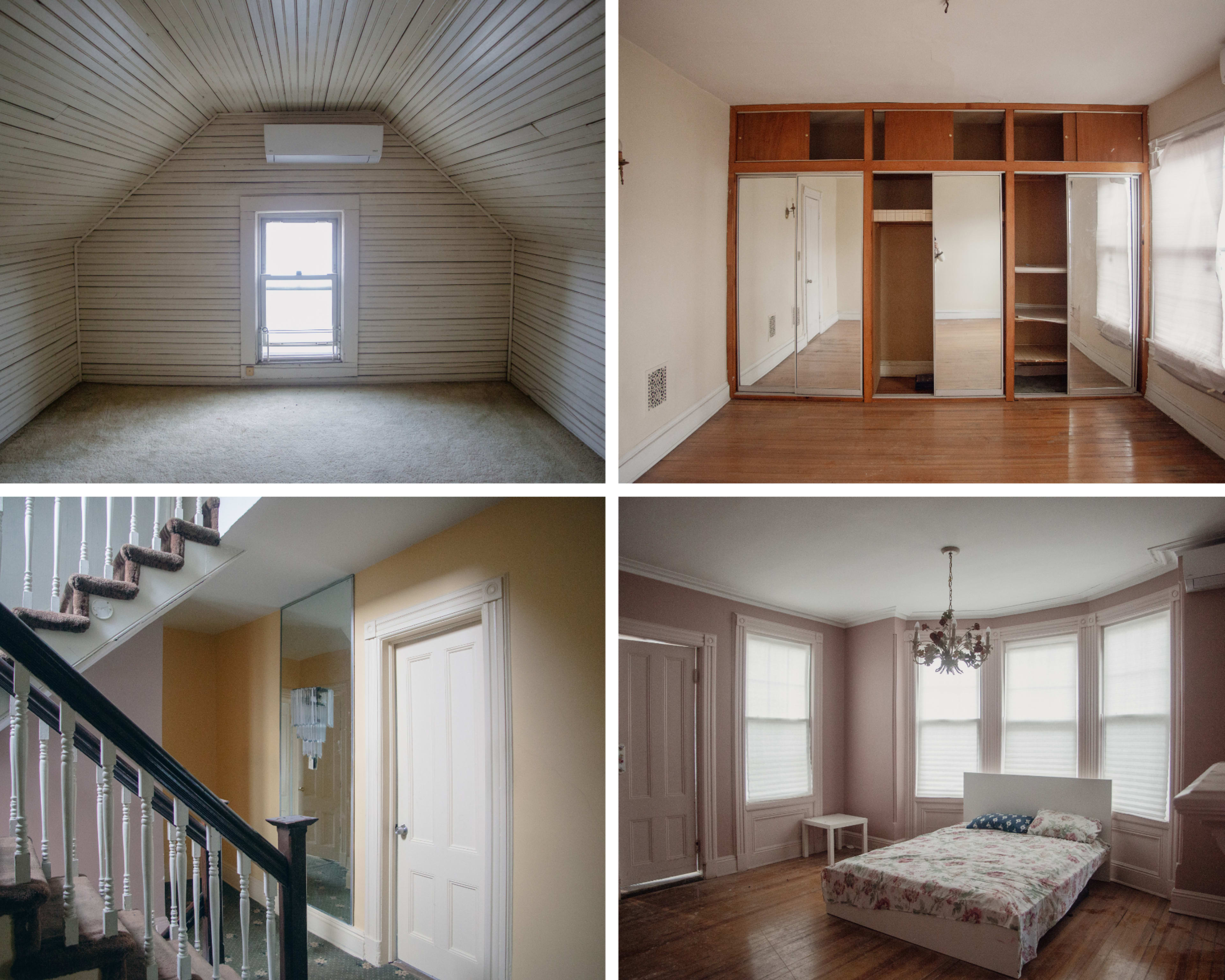 The image features four interior spaces: an empty attic room with a window, a bedroom with mirrored closets, a staircase leading to a hallway with a mirror, and a pastel-colored bedroom with a chandelier and a bed.