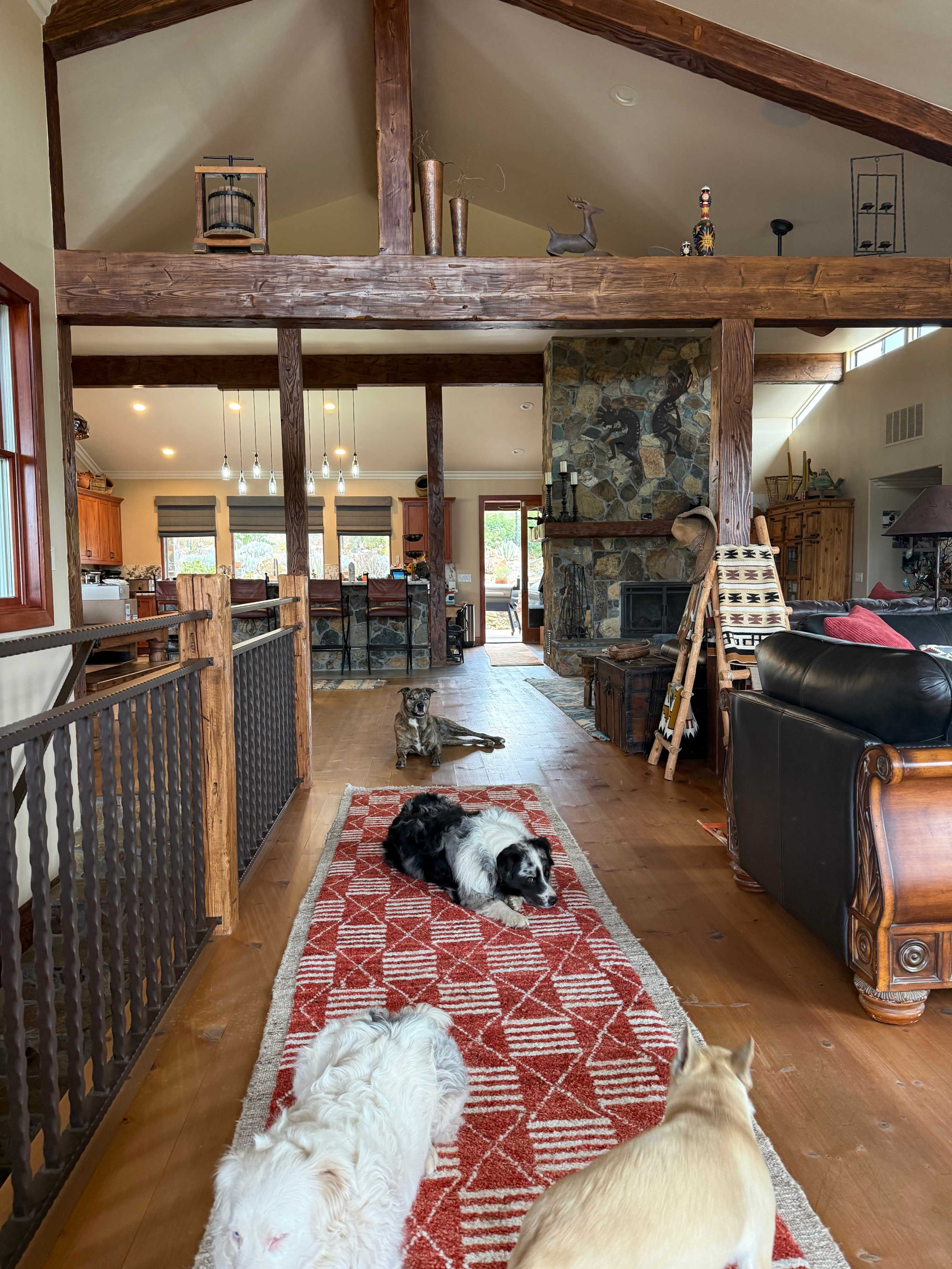 A long hallway features a patterned rug, with several dogs lying on it, while a spacious living area with wooden beams and a stone fireplace is visible in the background.