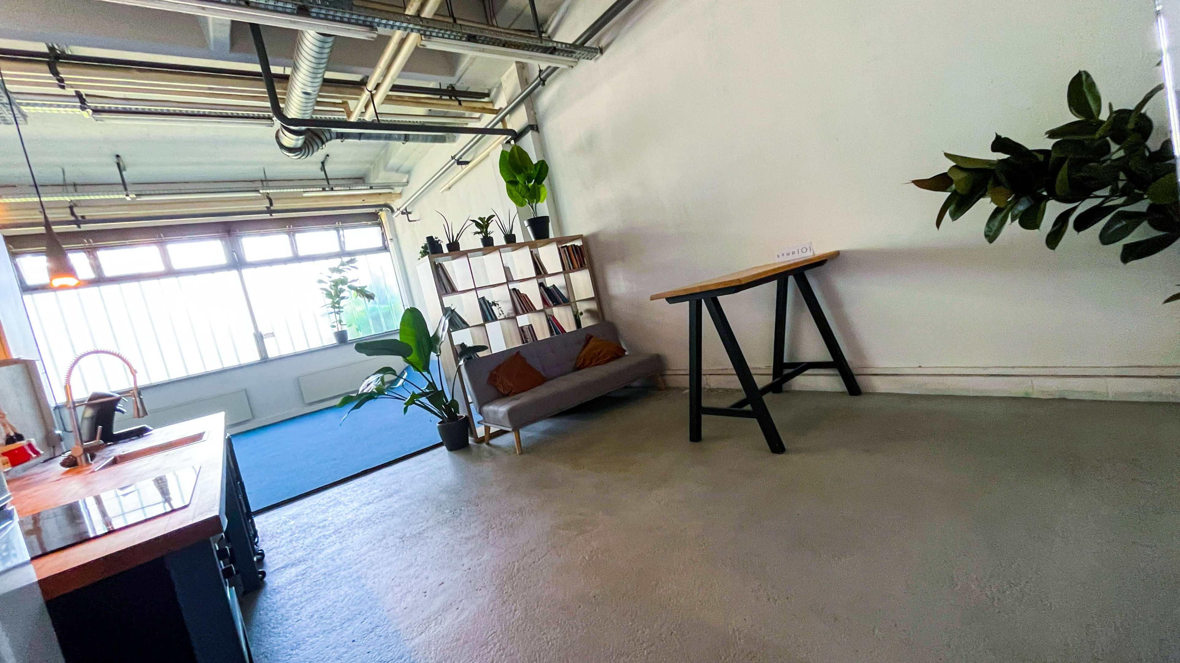 A spacious, minimalist room features a wooden table, a sofa, bookshelves, and large windows with plants placed throughout.