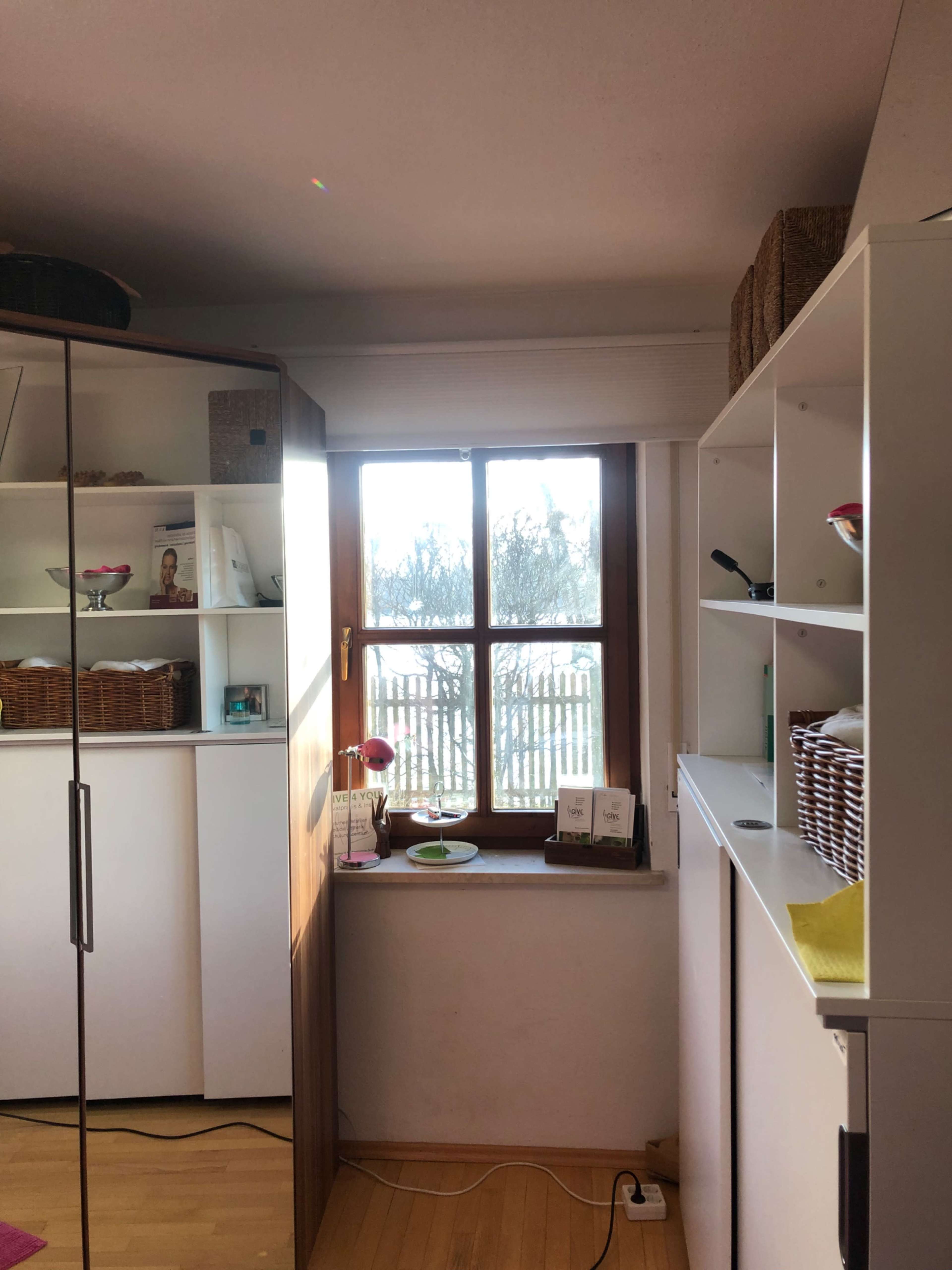 A bright room features a window with a view of trees, alongside white shelving and a mirrored wardrobe.
