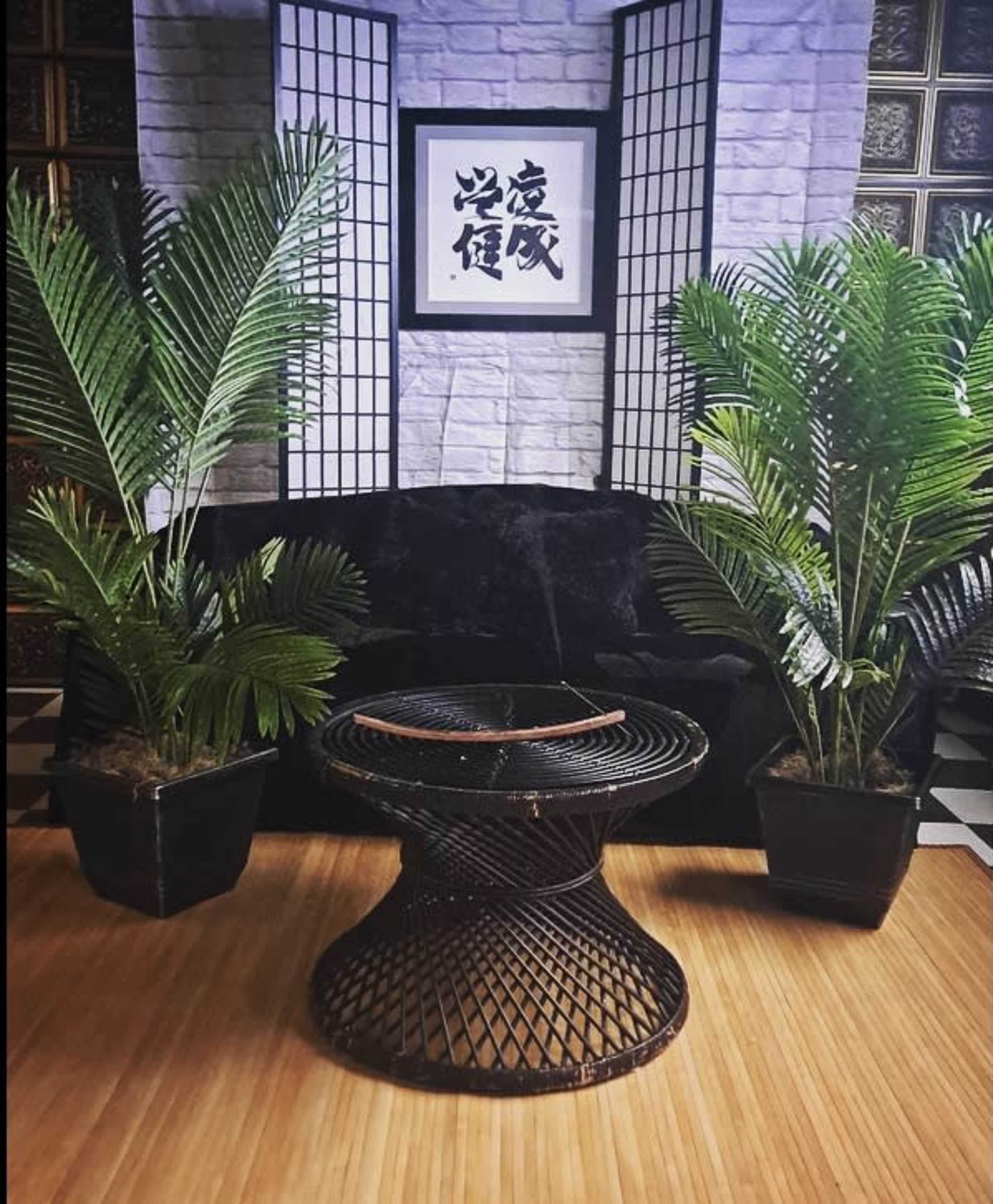 The image shows a stylish indoor setting featuring a black couch, a round woven coffee table, two large potted palm plants, and decorative screens in the background.