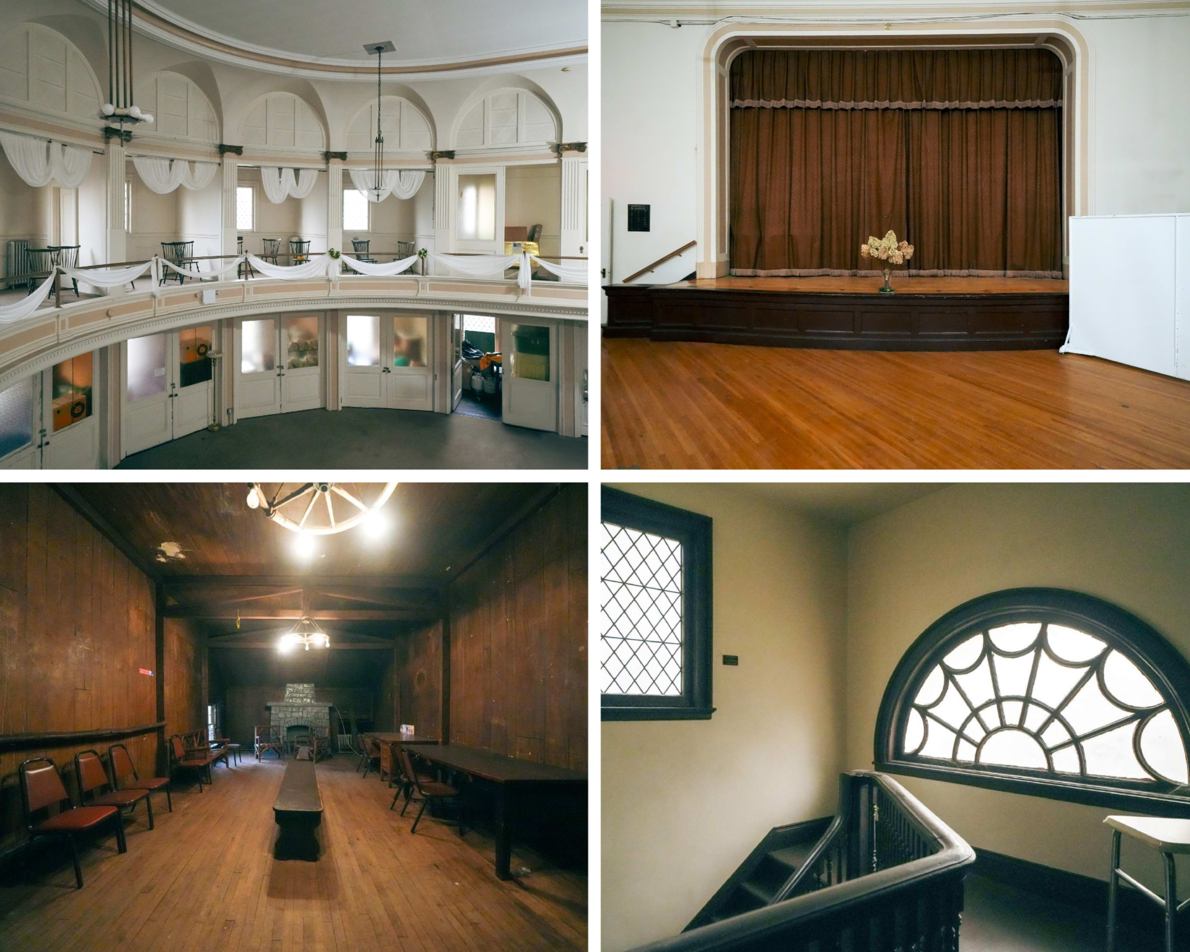 Four distinct views of an interior space, including a circular upper balcony, a stage area with curtains, a dimly lit room with a long table and chairs, and a stairwell featuring an arched window.