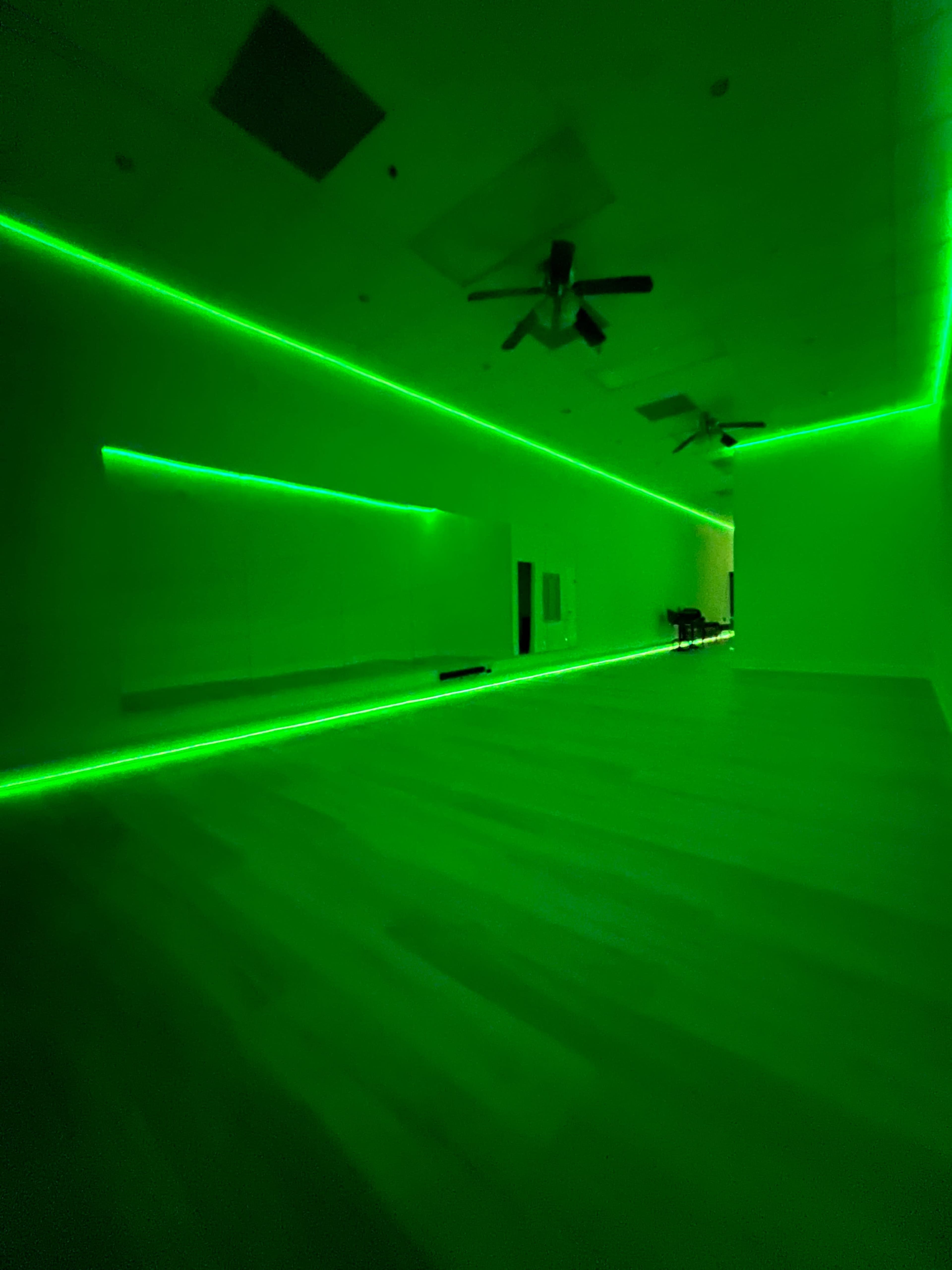 The image shows a dimly lit indoor space featuring walls illuminated by green LED strip lights.