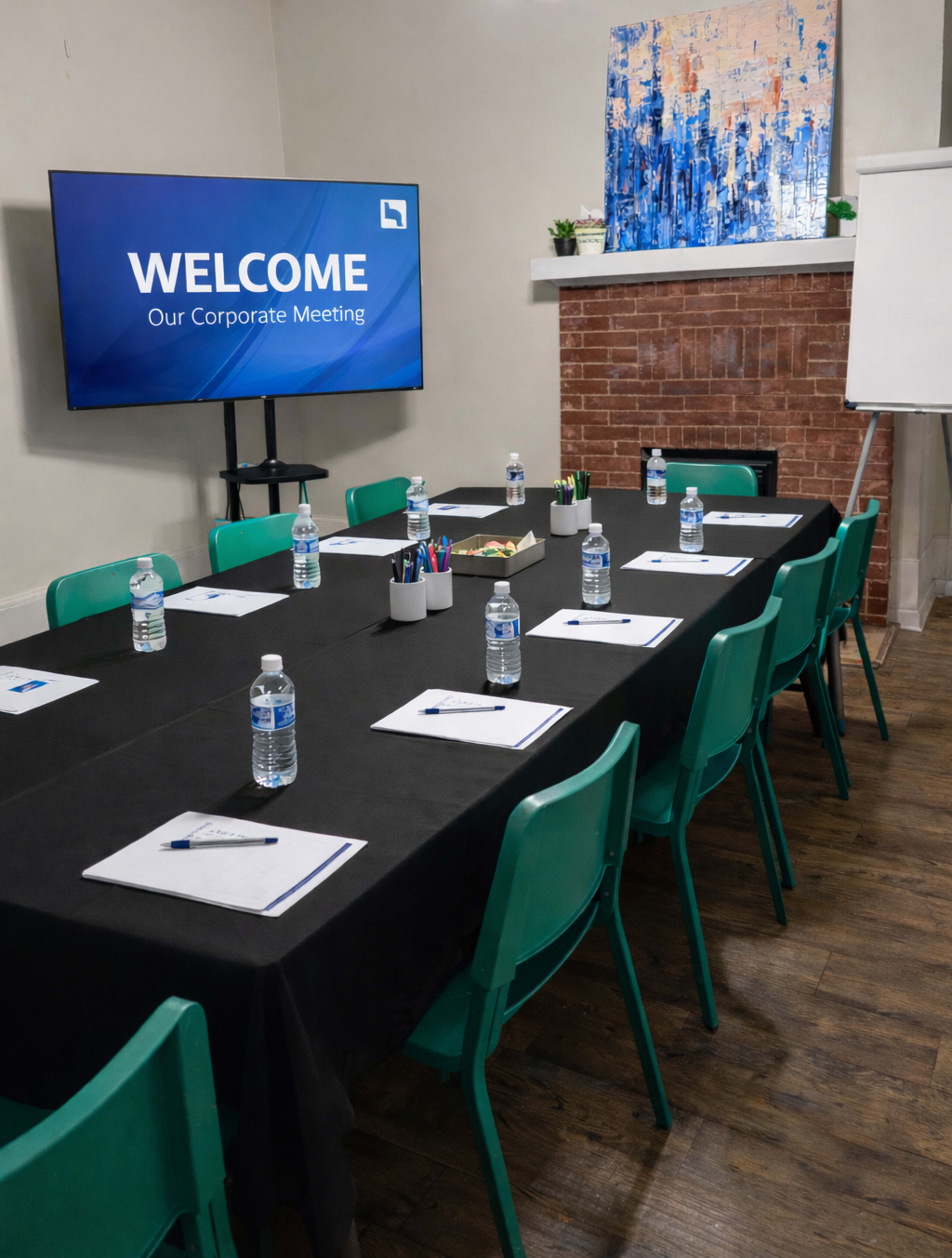 A meeting room is set up with a long table covered in a black tablecloth, featuring water bottles, notepads, pens, and a television displaying a welcome message.