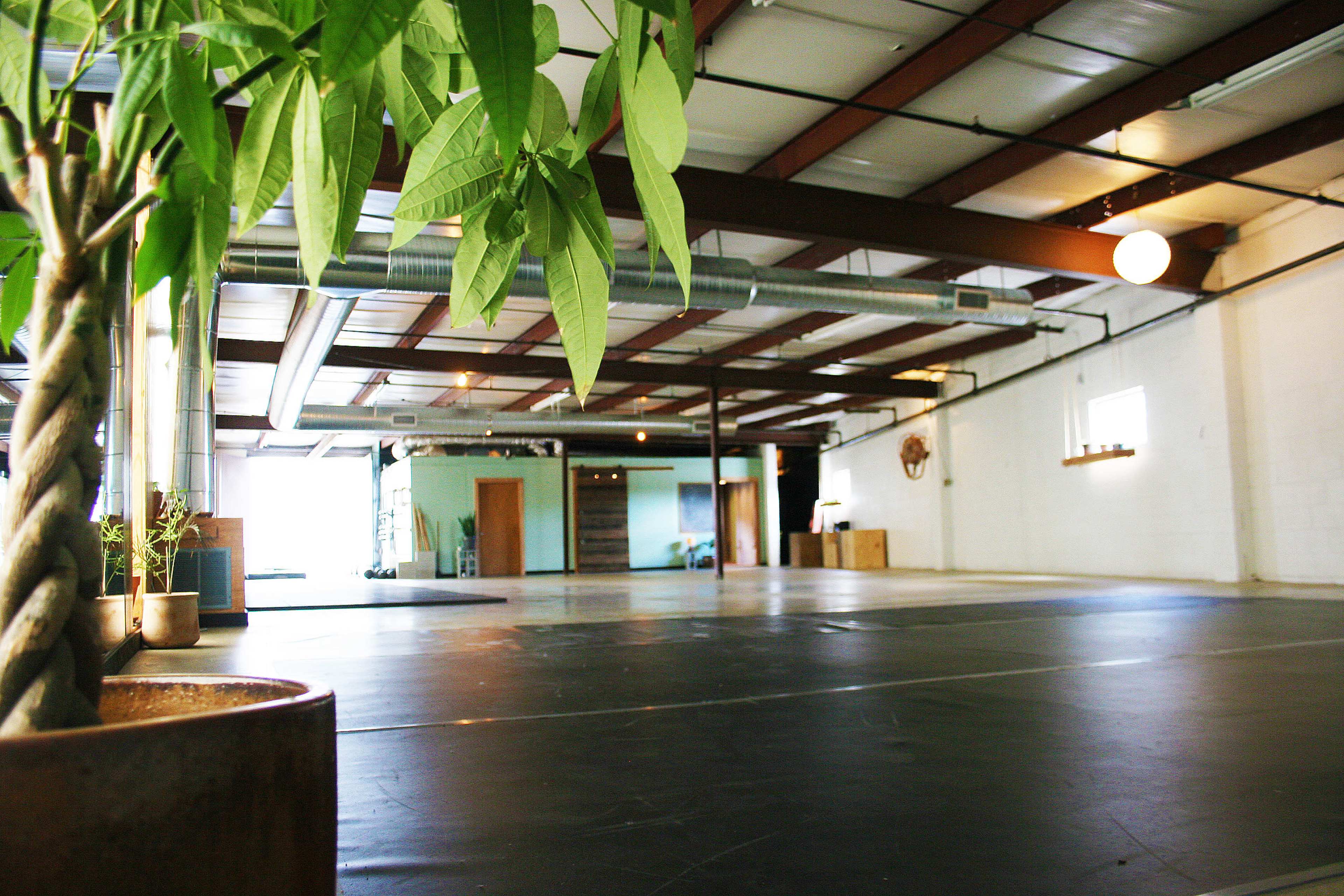 A spacious, empty indoor room with industrial-style exposed beams and a polished black floor, featuring a few decorative plants.