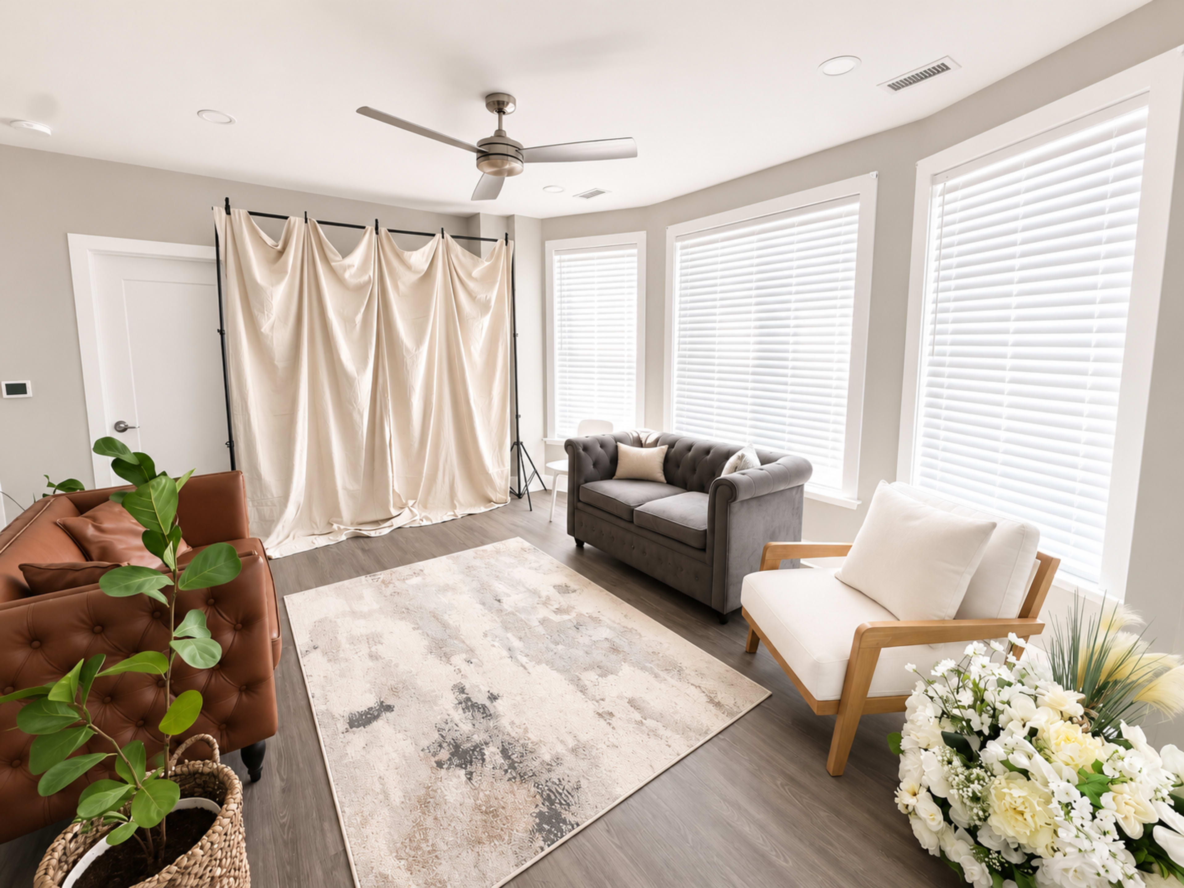 The room features two sofas, a decorative rug, and large windows with blinds, alongside a backdrop curtain for photography.