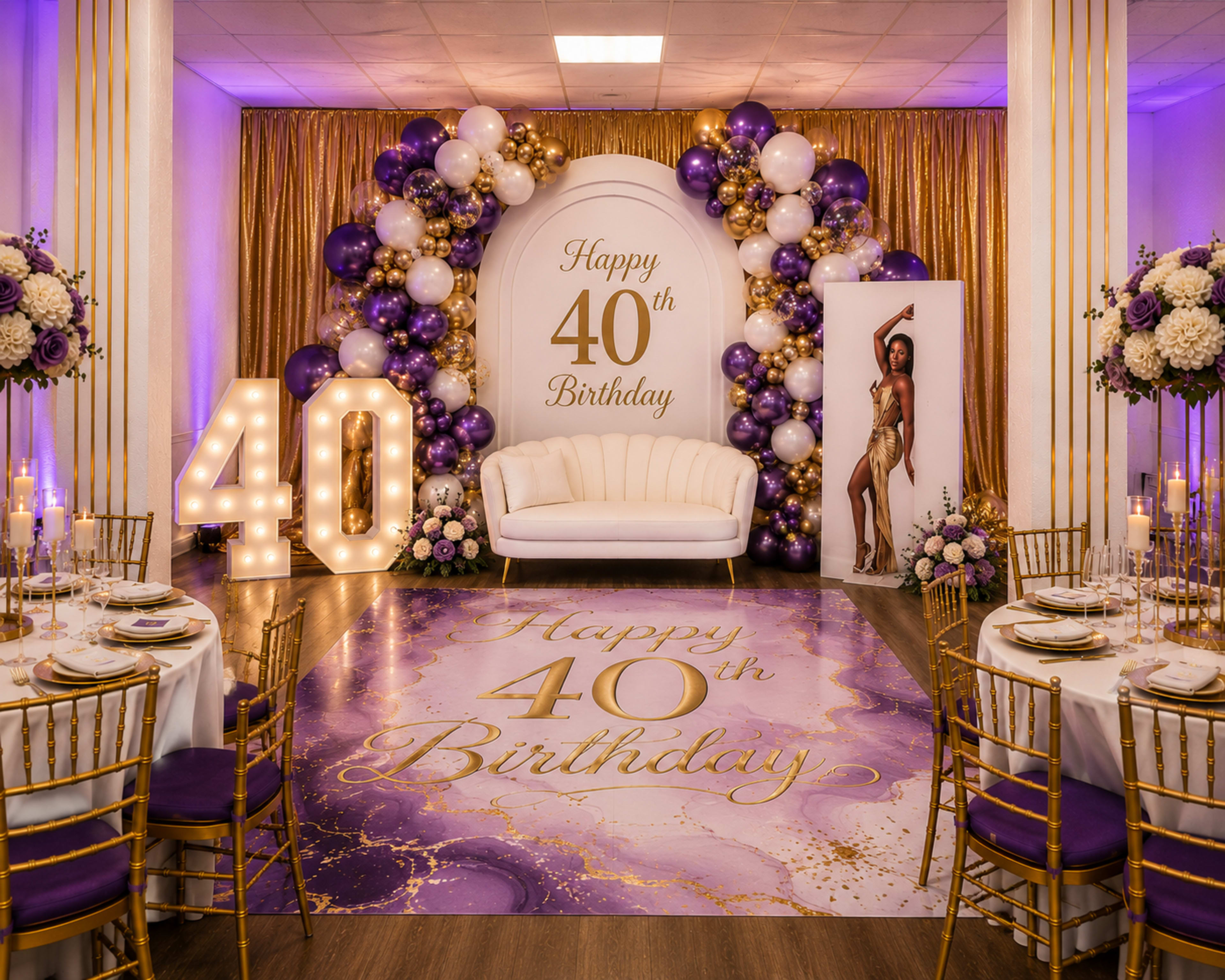 The image shows a decorated event space for a 40th birthday celebration, featuring a backdrop with balloons, a large floral arrangement, and a photo of a model, with tables set for guests.
