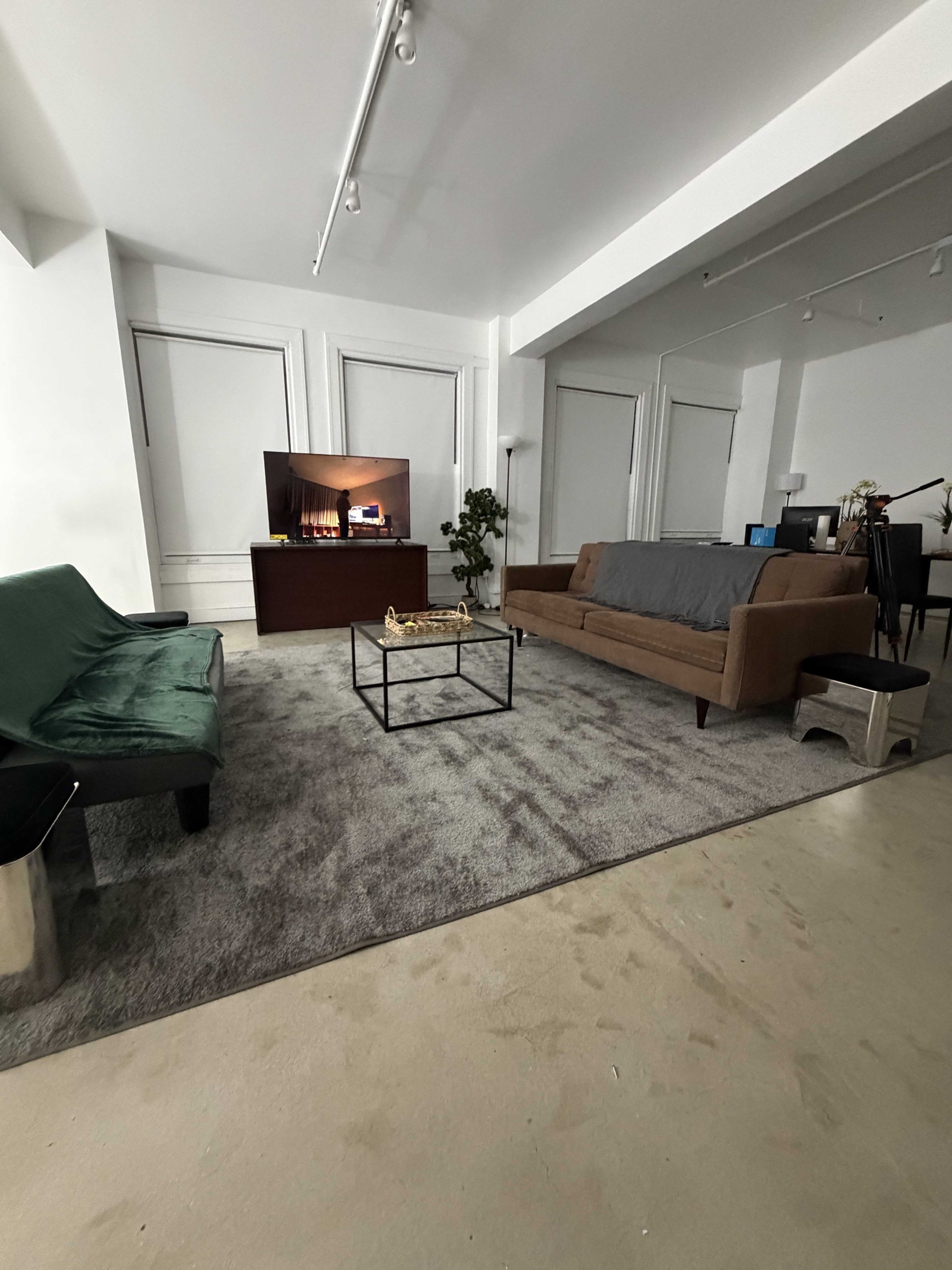 The image shows a modern living room with two couches, a coffee table, a television, and large windows.