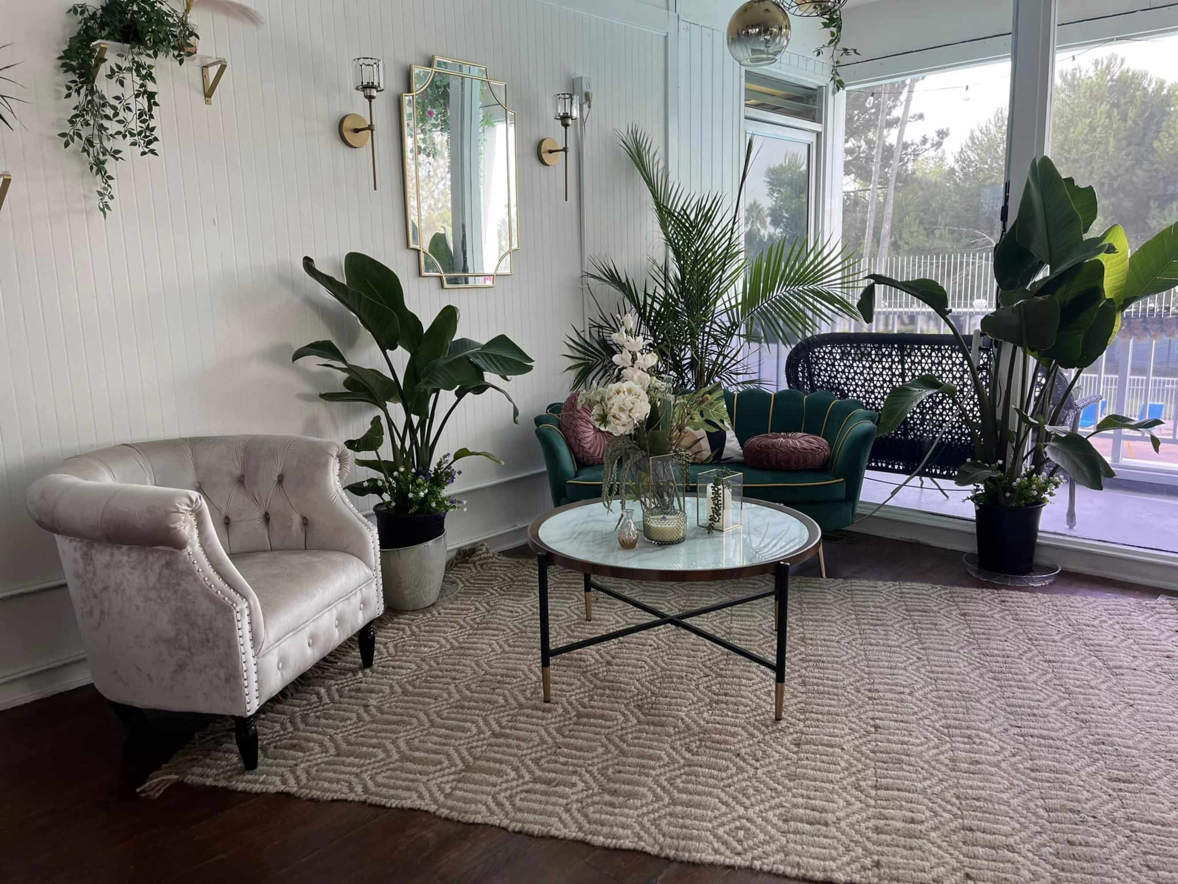 The image shows a cozy, well-decorated seating area featuring a light-colored tufted armchair, a green velvet sofa, a round glass coffee table, and several potted plants.