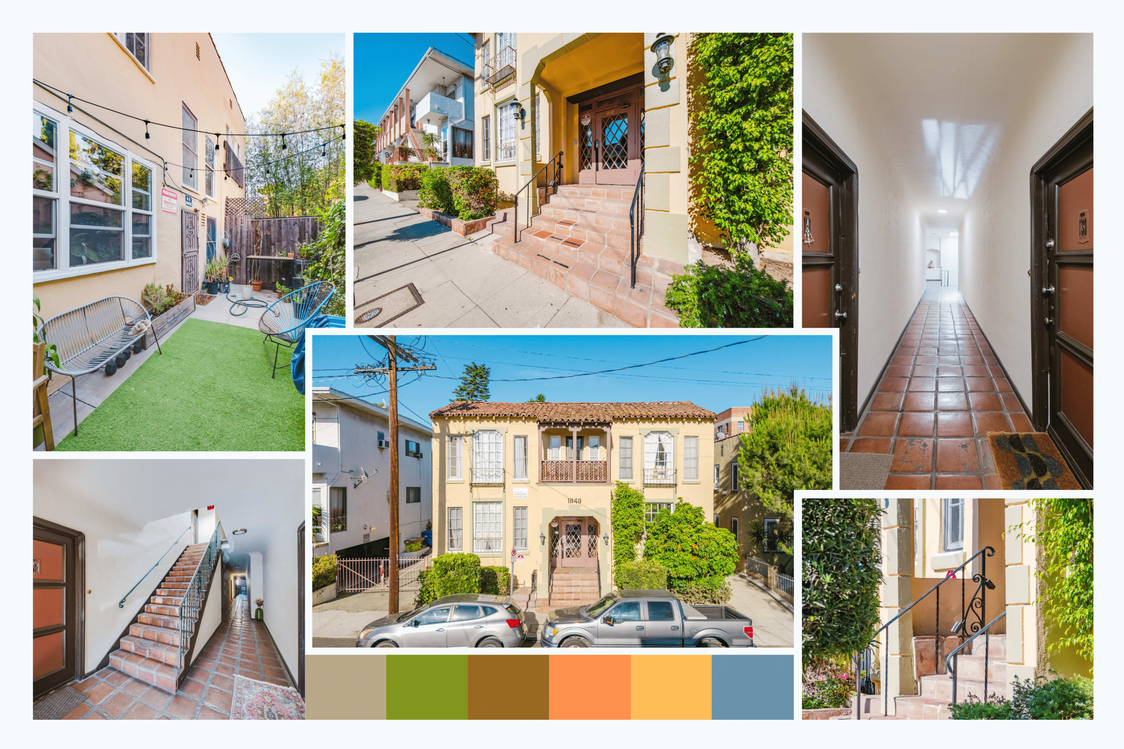 The image features a collage of an exterior and interior view of a residential building, showcasing pathways, doors, and stairways.