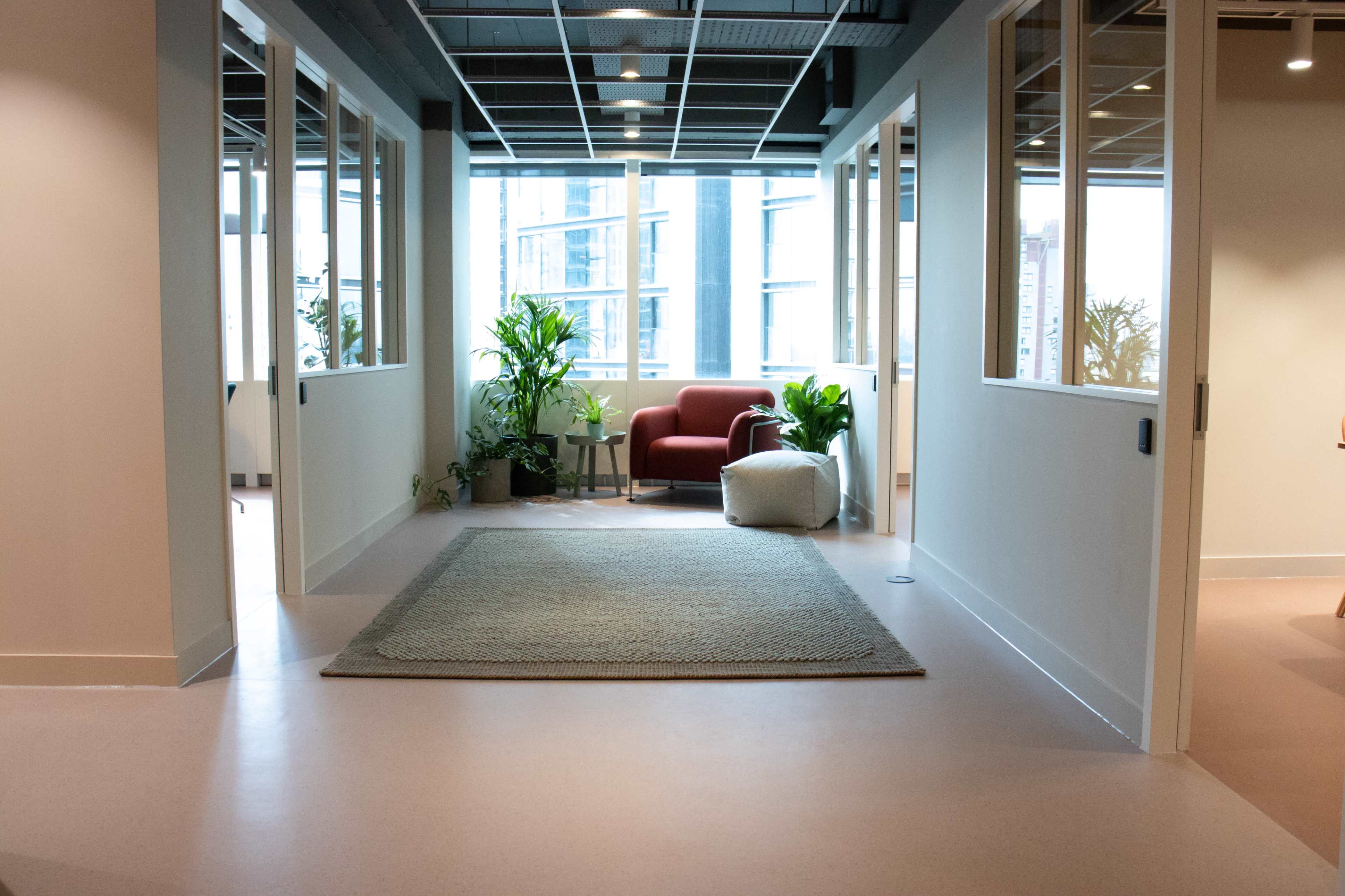 A modern office space with a central area featuring a rug, surrounded by rooms with large windows and greenery.