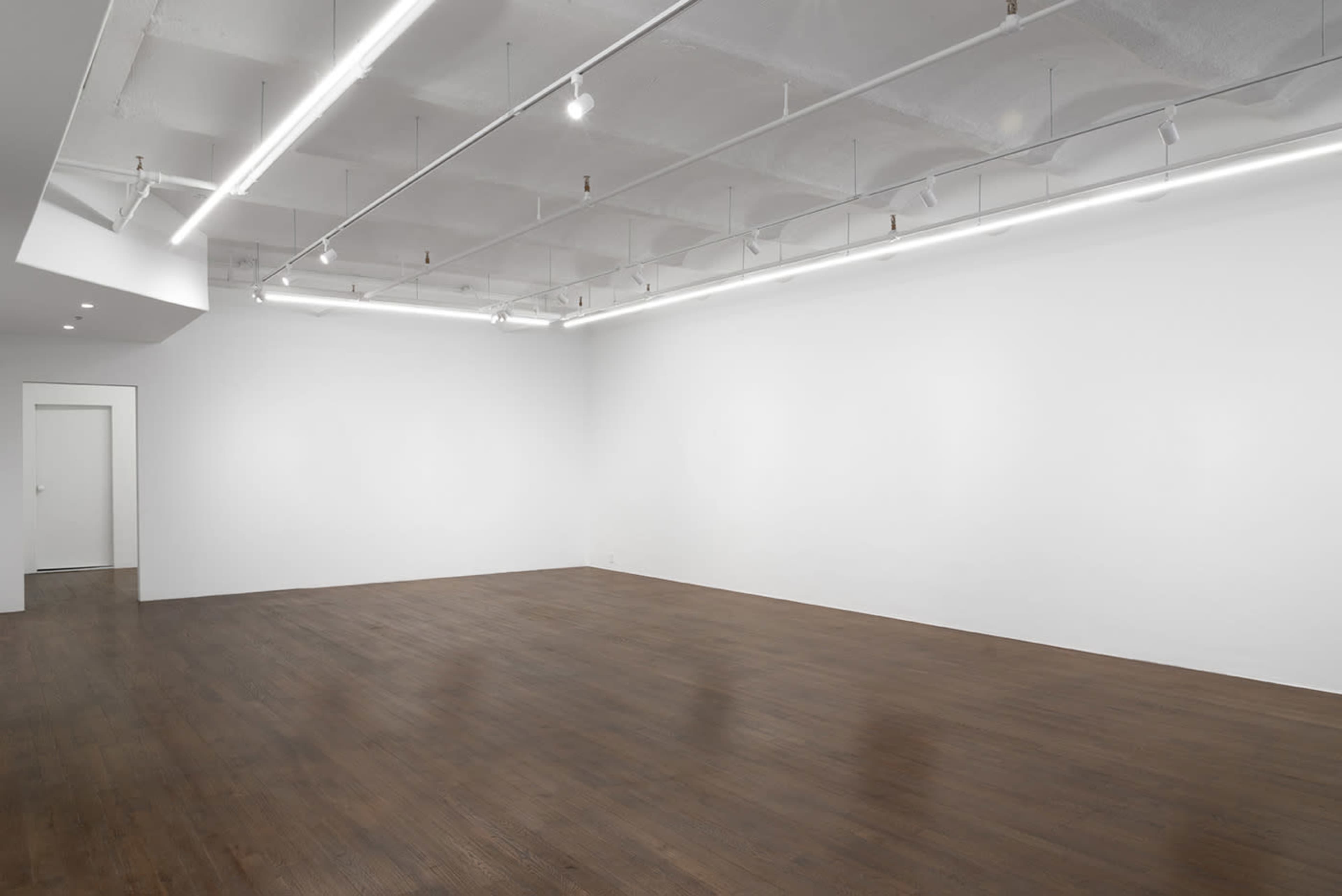 The image shows a spacious, empty room with wooden flooring and white walls, featuring overhead lighting and a door on the left.