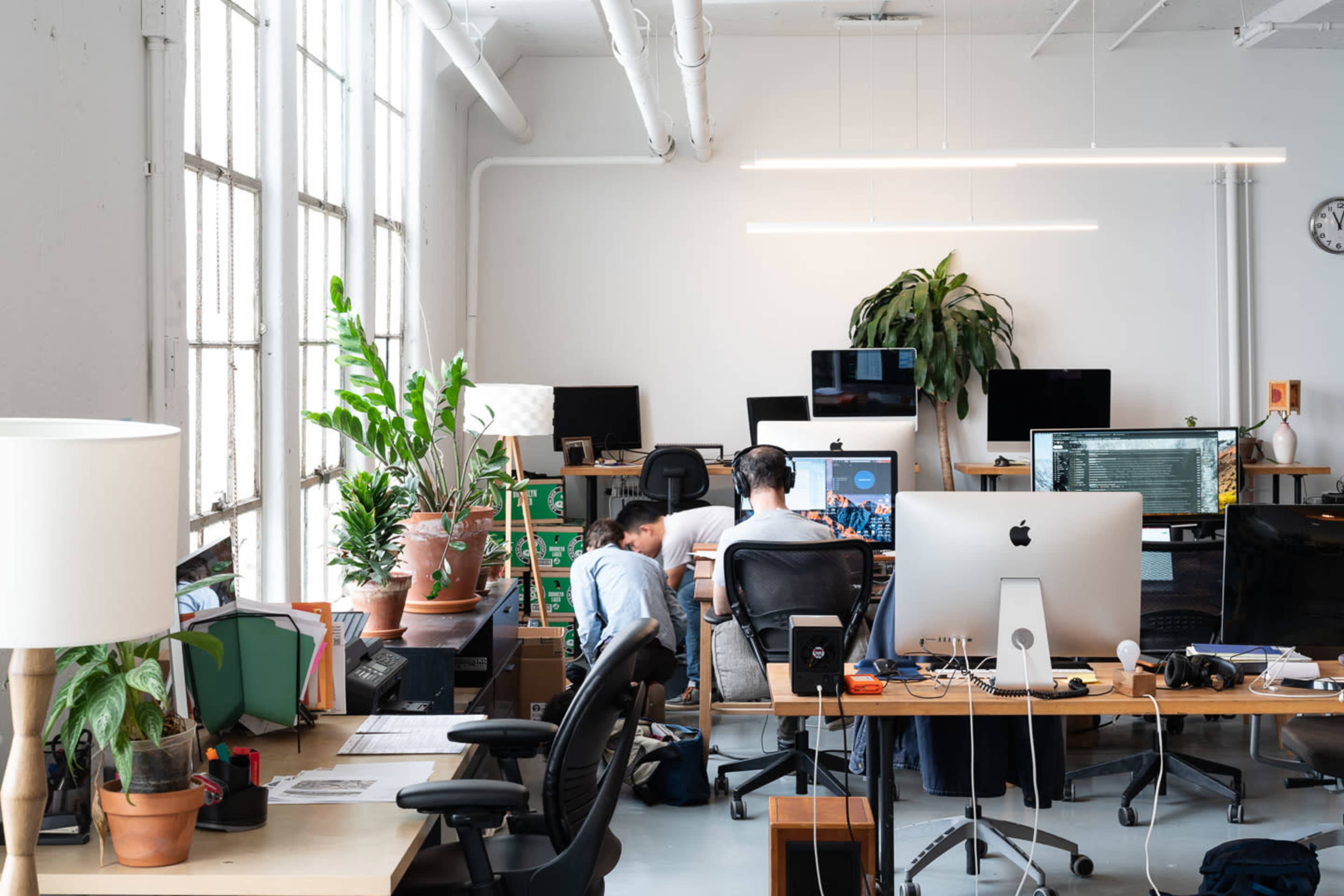 Two people work together at a desk in an open office space filled with plants and multiple computer monitors.