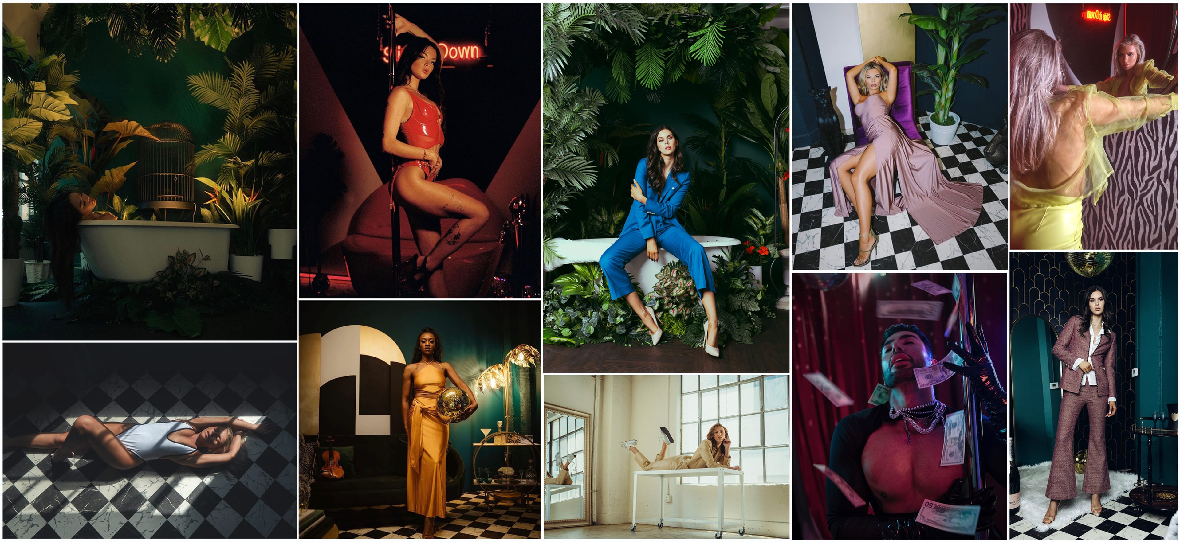 The collage features a series of fashion photographs showcasing models in various poses and outfits, set against lush backgrounds and distinctive color schemes.