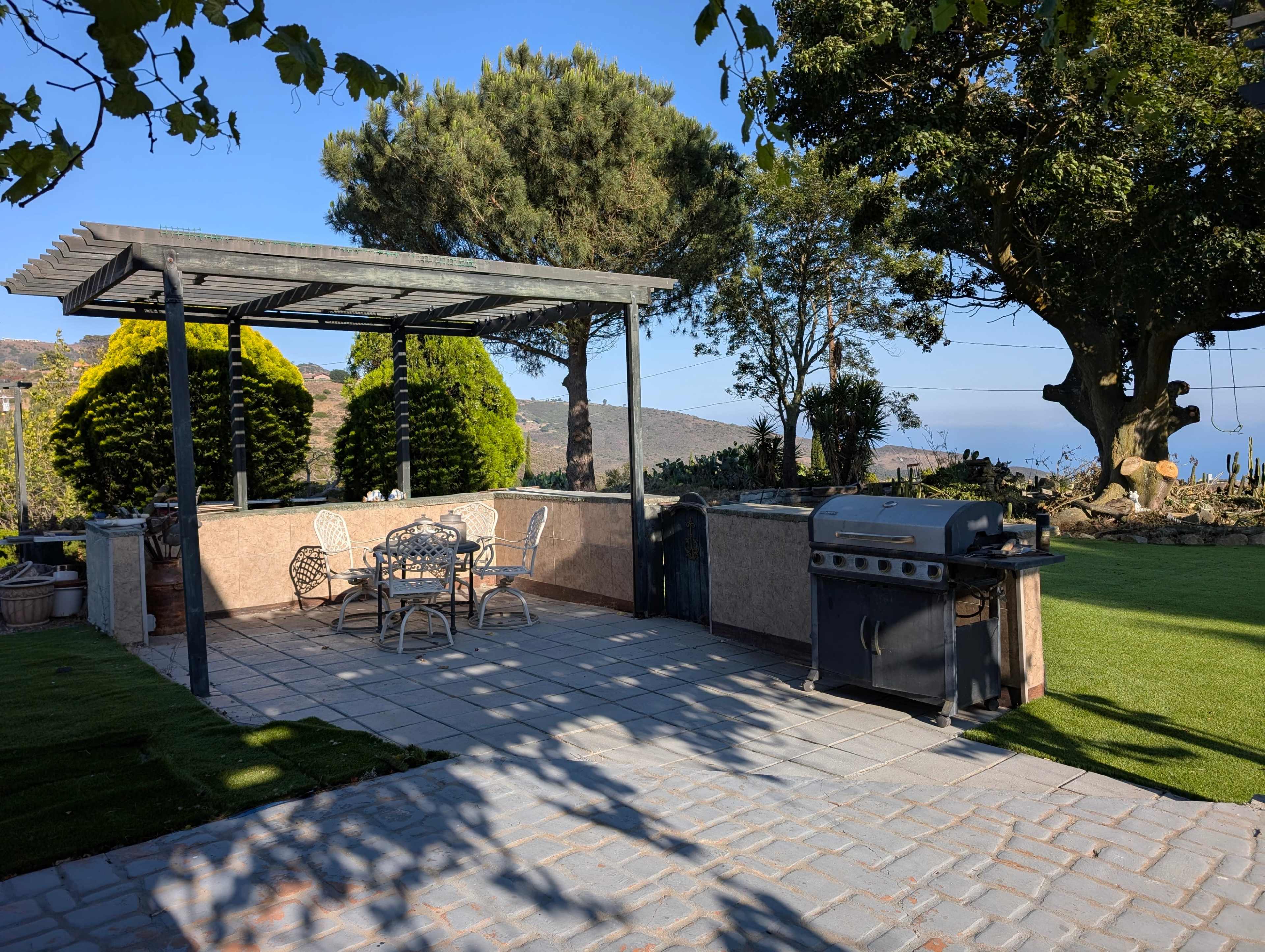 The image shows an outdoor patio featuring a barbecue grill, a dining table with chairs, and a view of trees and hills in the background.