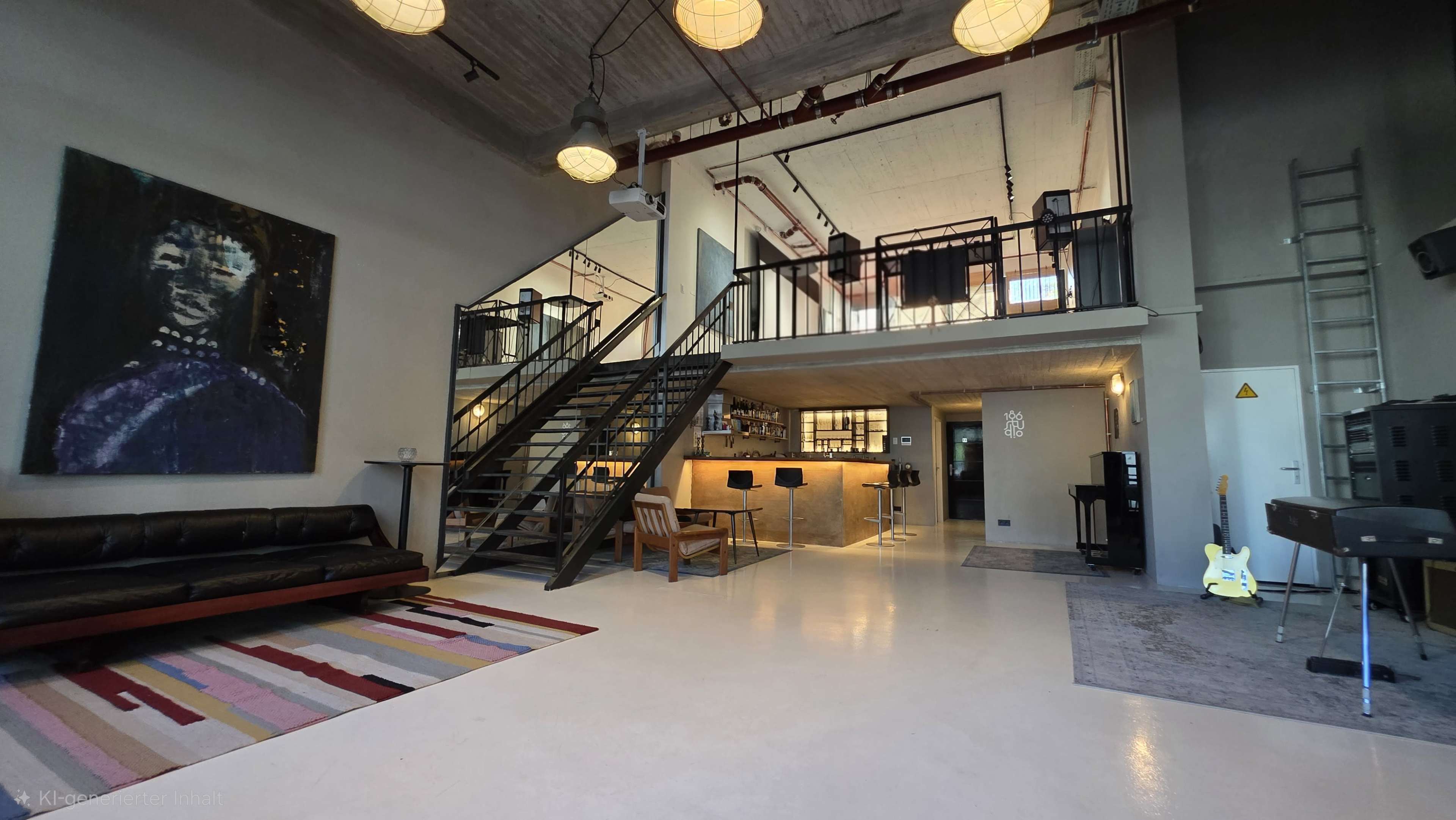 The image shows a spacious, modern loft with a staircase leading to an upper level, featuring a bar area and a lounge with a black sofa and colorful rug.
