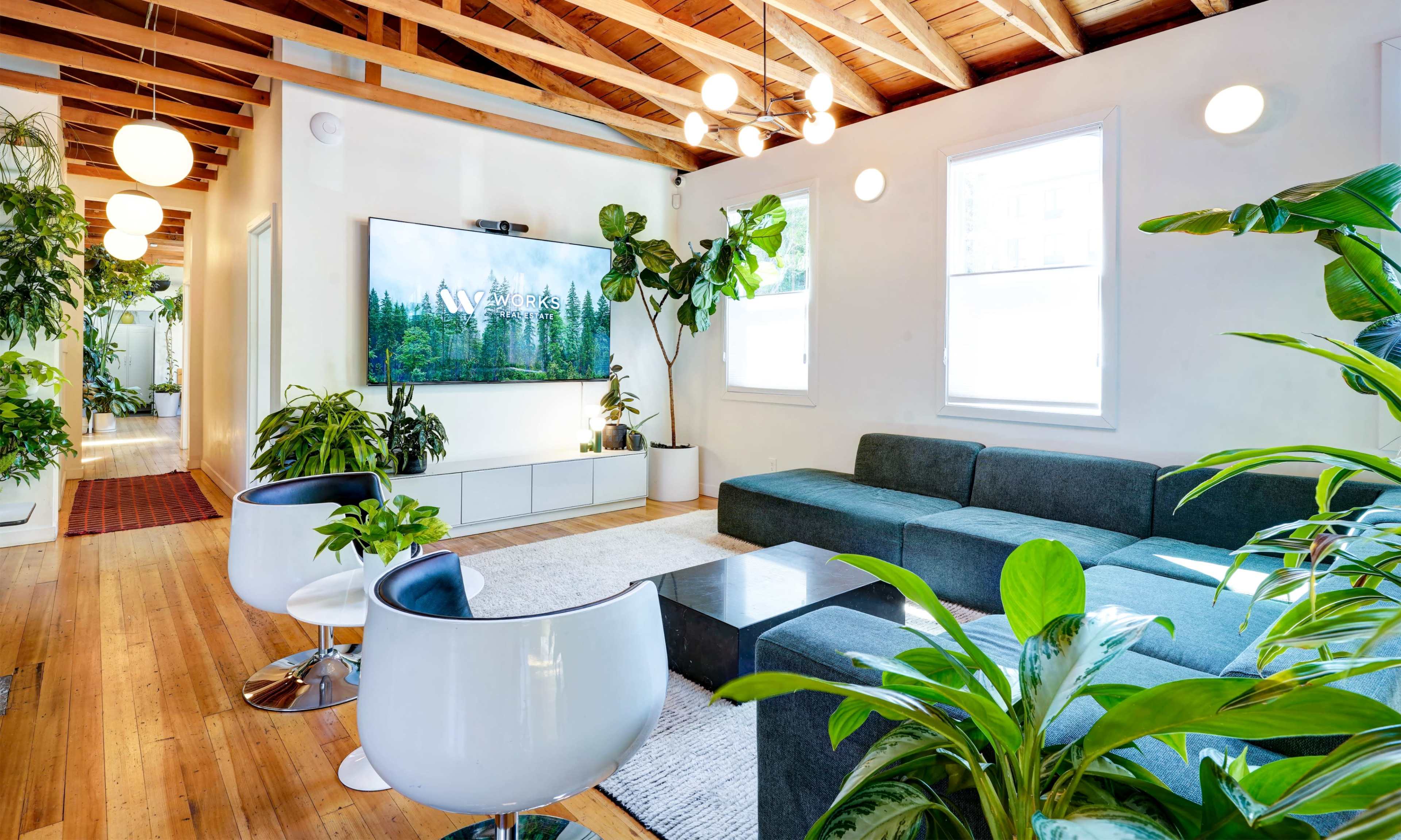 The image shows a modern living space with a sectional sofa, a large television mounted on the wall, and numerous indoor plants.