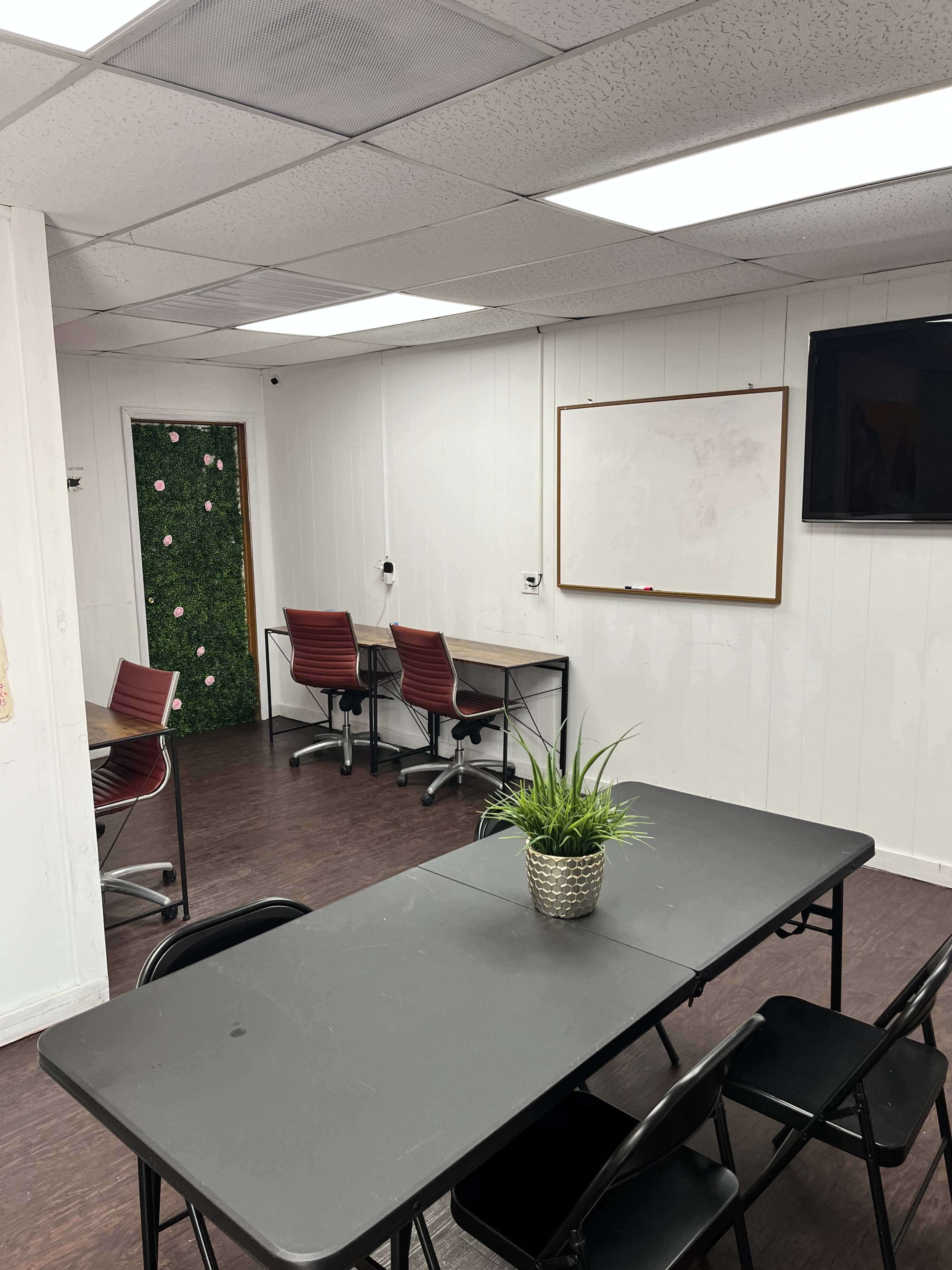A bright room with a black table and chairs in the foreground, a whiteboard on the wall, and a door covered in greenery.