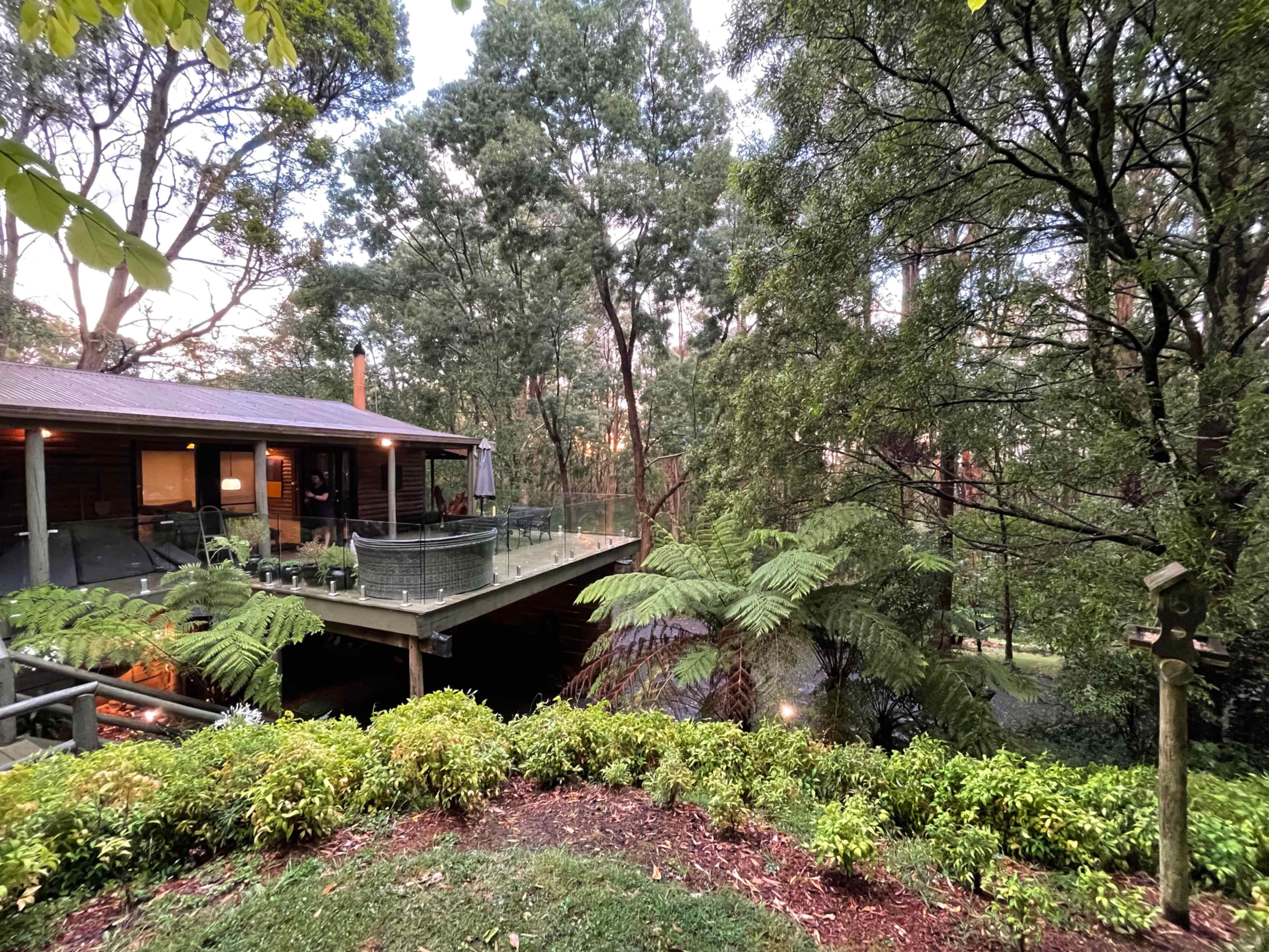 A wooden house with a deck is situated among lush greenery and trees.