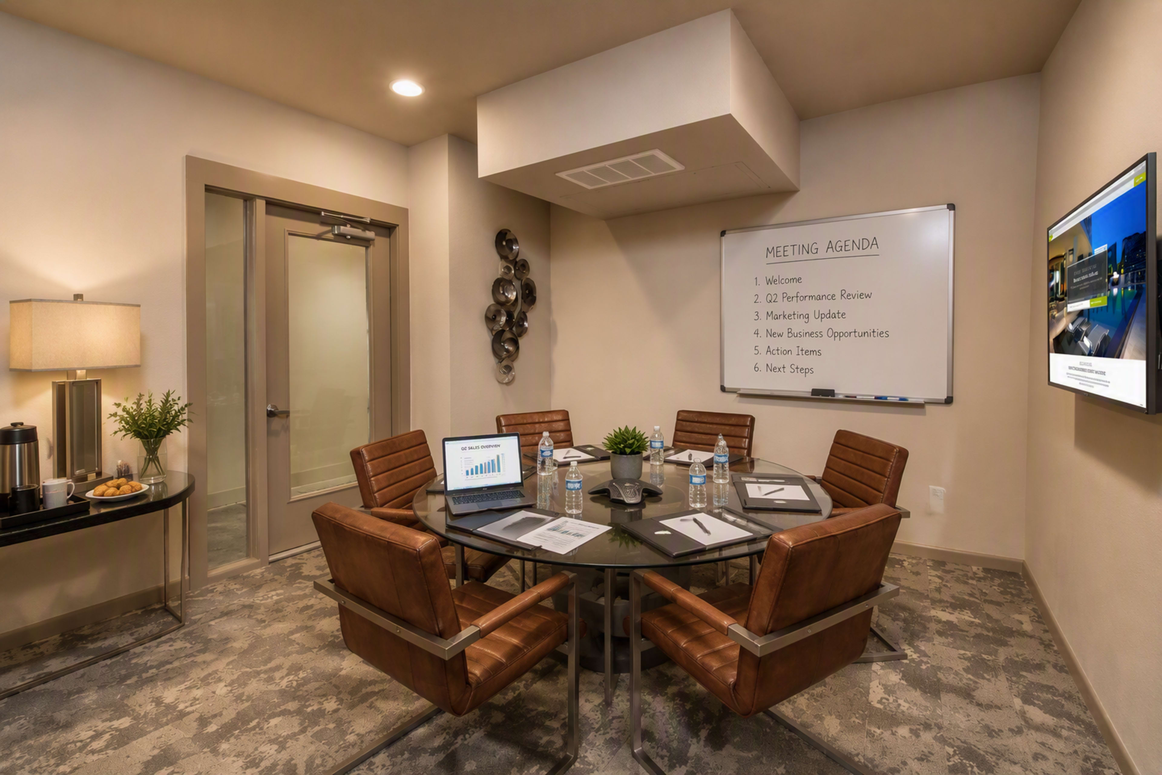 A conference room is set up with a round table, eight chairs, a whiteboard displaying the meeting agenda, and a television screen on the wall.