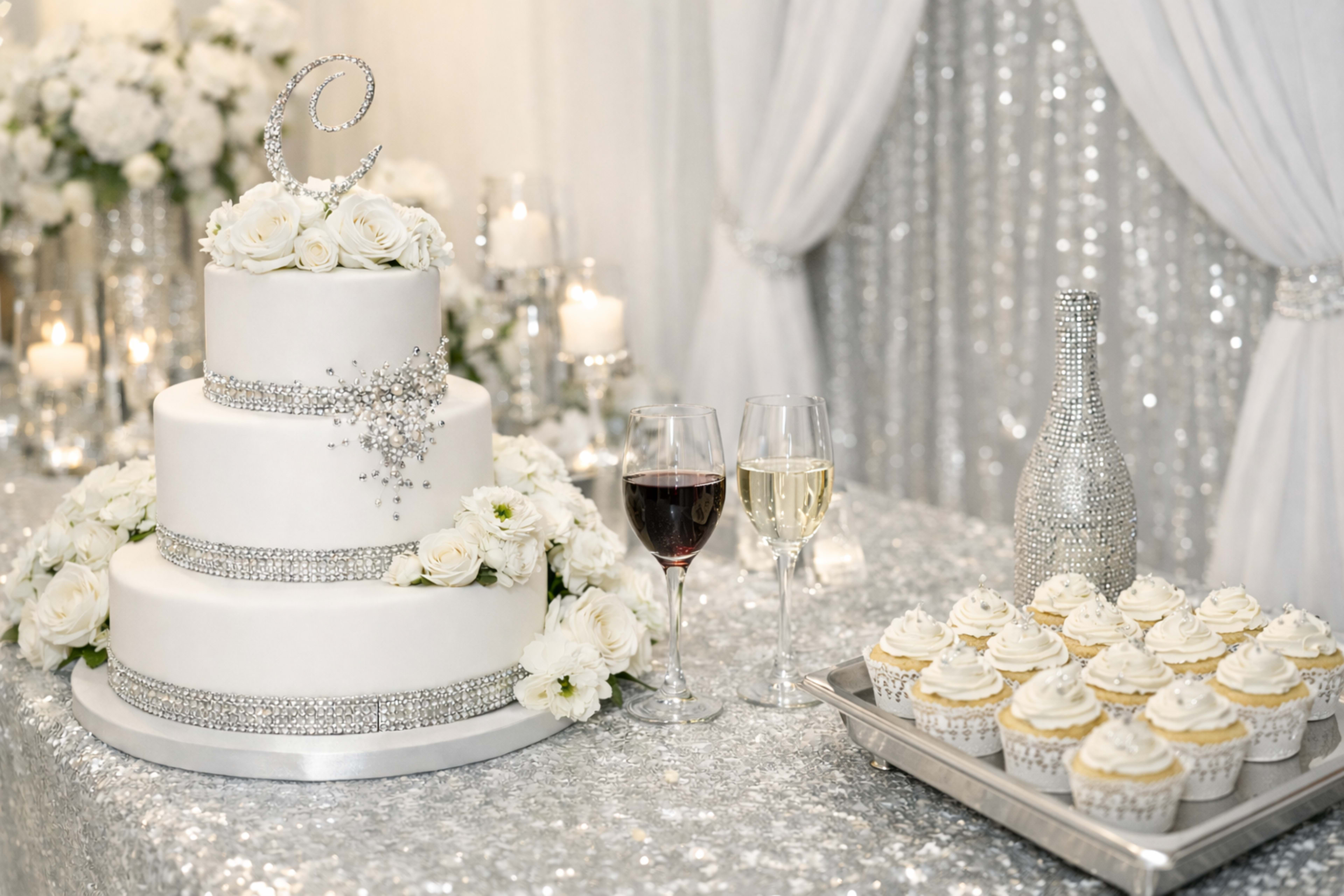A three-tier wedding cake adorned with white roses and decorative stones is displayed alongside glasses of red and white wine, a silver champagne bottle, and a tray of cupcakes on a sequined tablecloth.