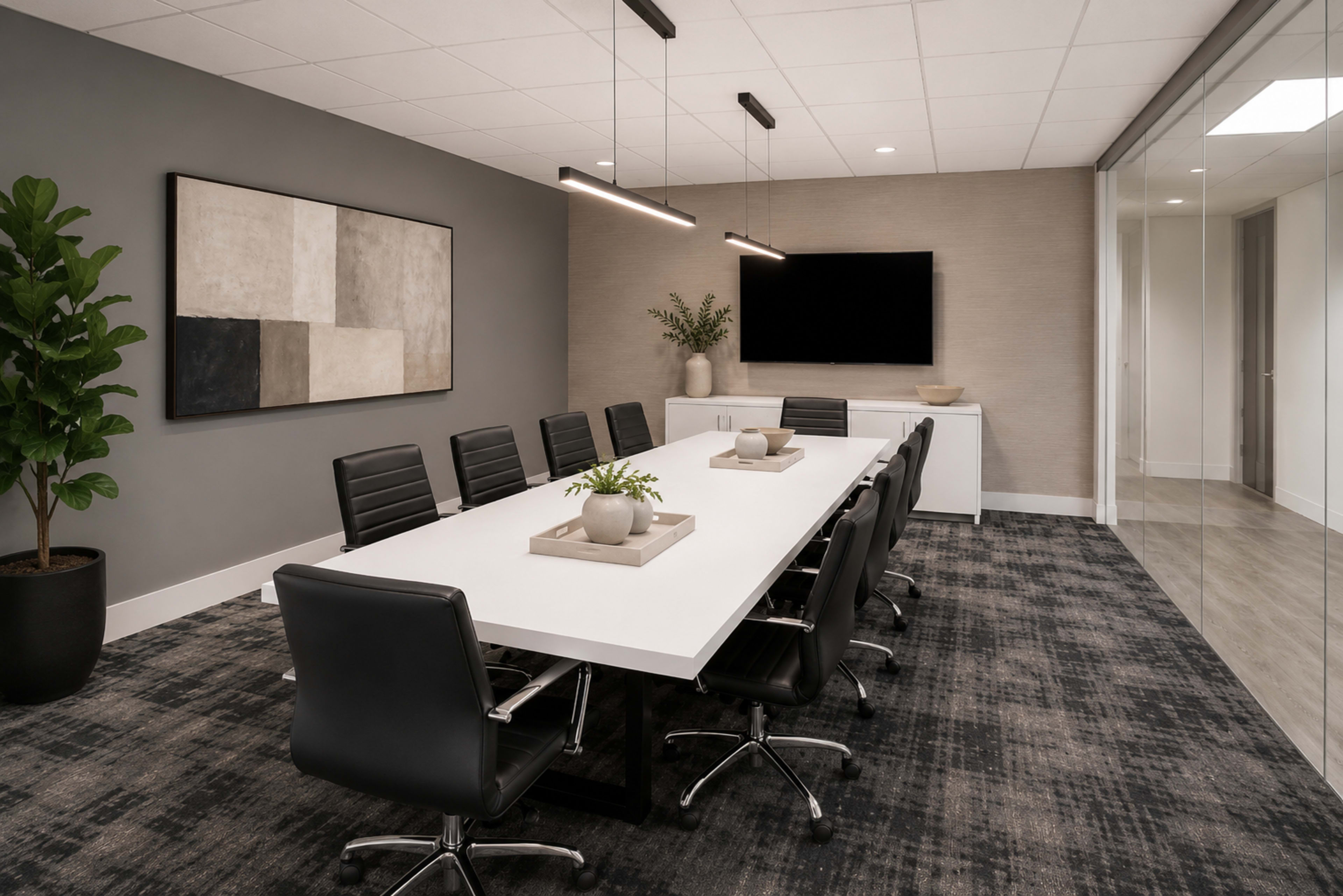 A modern conference room features a long white table surrounded by black chairs, with a large abstract artwork on the wall and a television mounted for presentations.