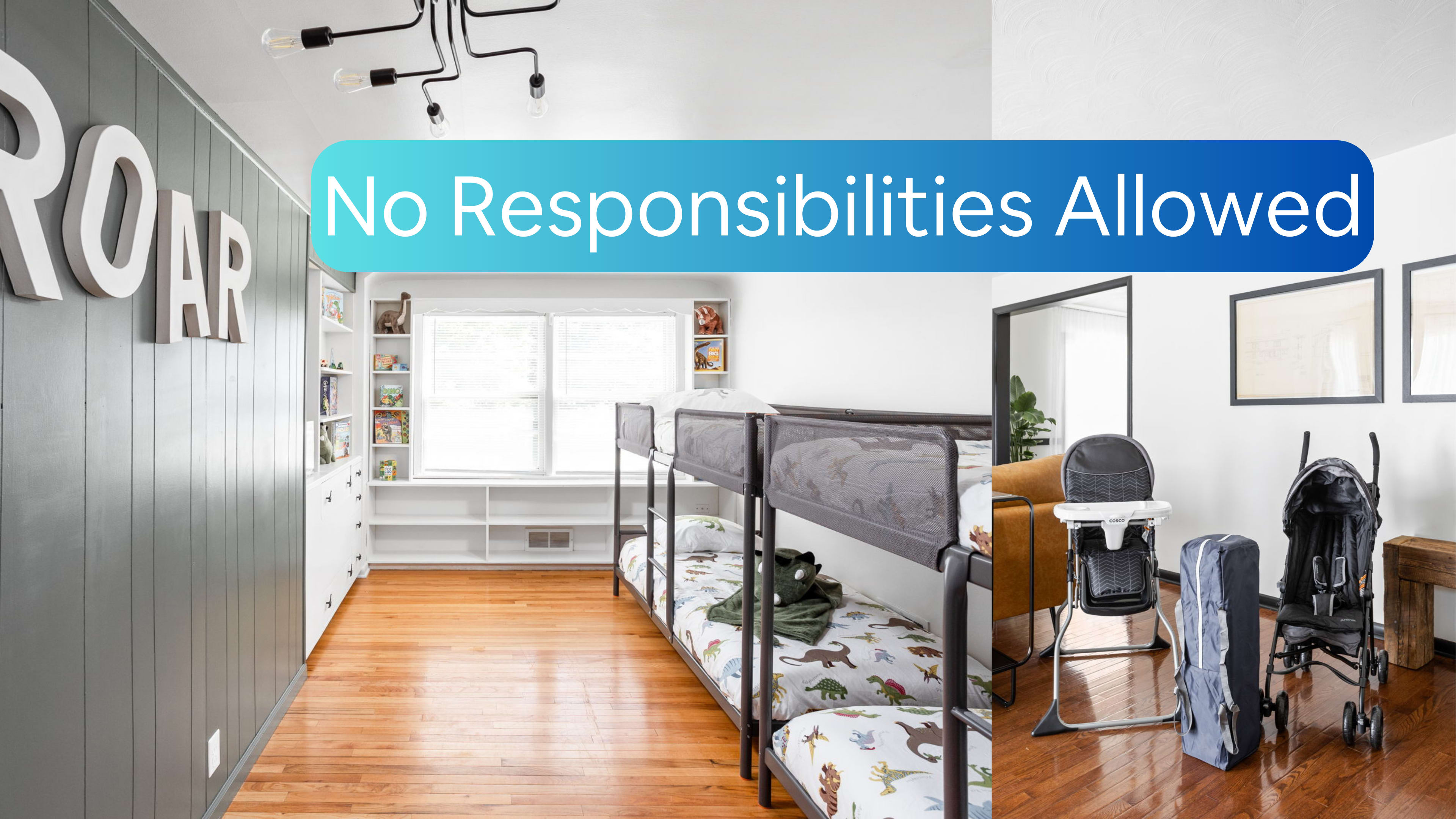 A children's bedroom with bunk beds on one side and a living area with a stroller and high chair on the other.