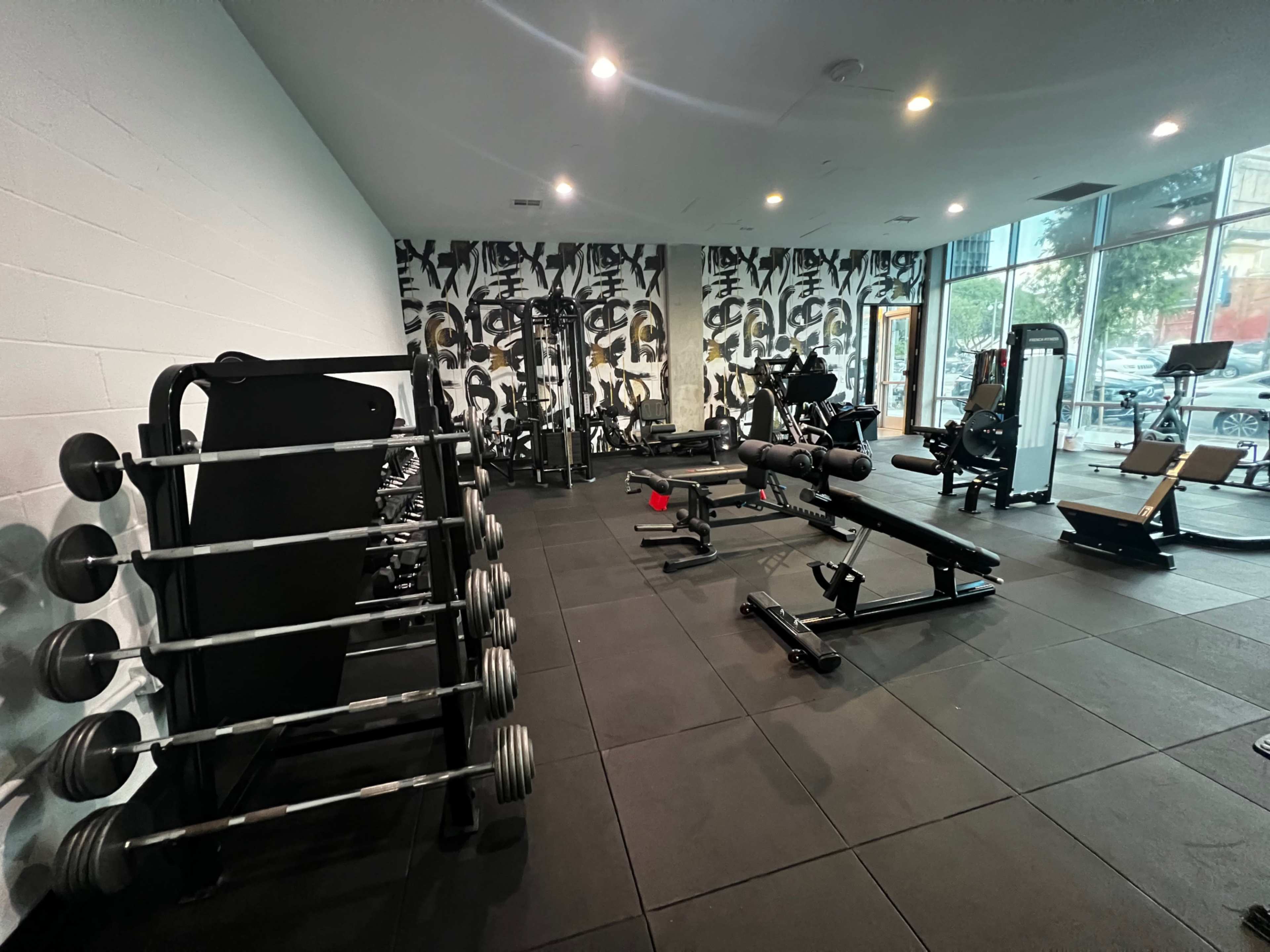 A gym interior featuring various exercise equipment, free weights on a rack, and a patterned wall.