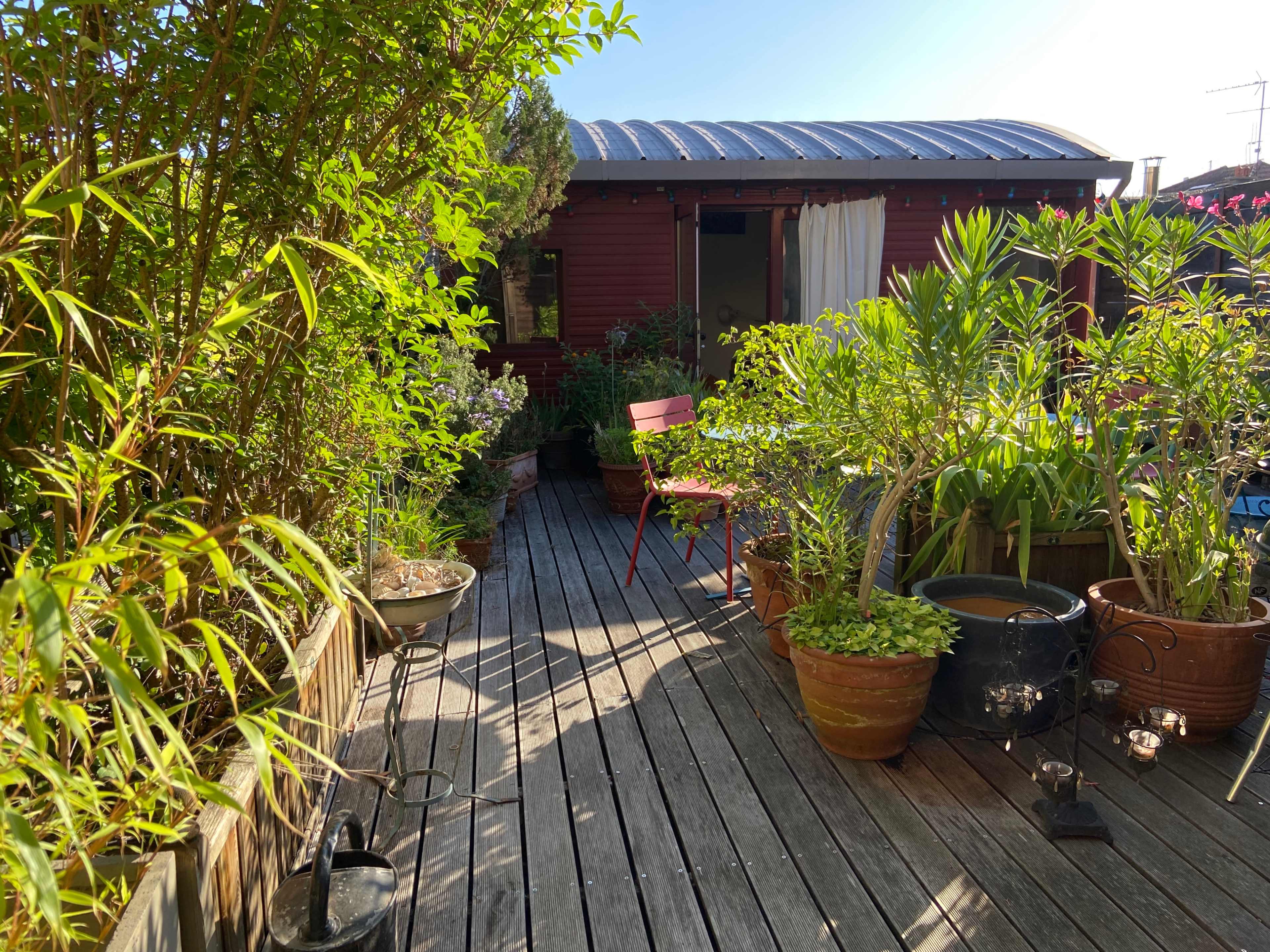 The image shows a wooden deck surrounded by various potted plants, leading to a red cabin with a metal roof.