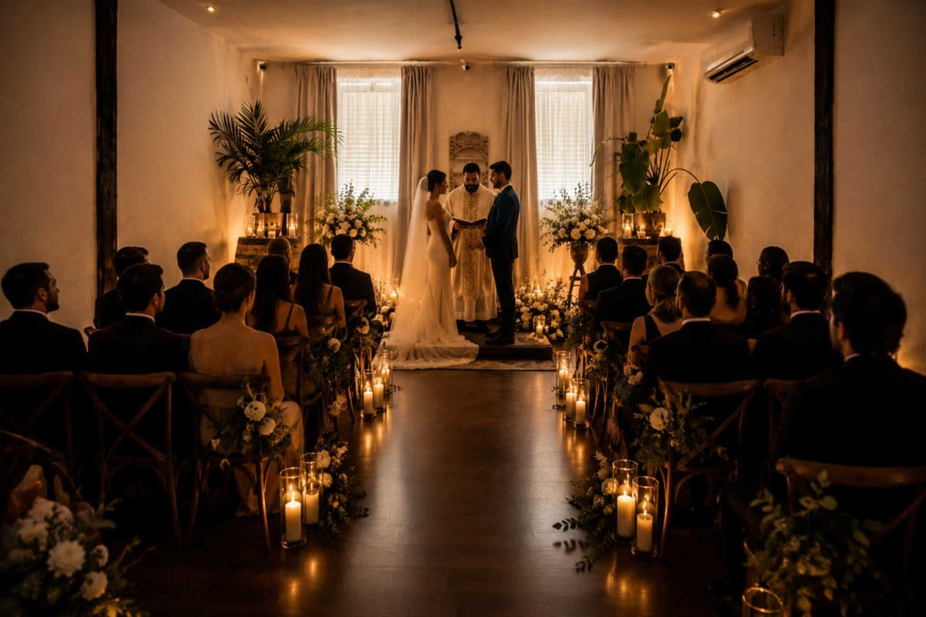 A couple stands at the altar while a small group of guests sits in rows, surrounded by candles and floral arrangements in a softly lit indoor space.