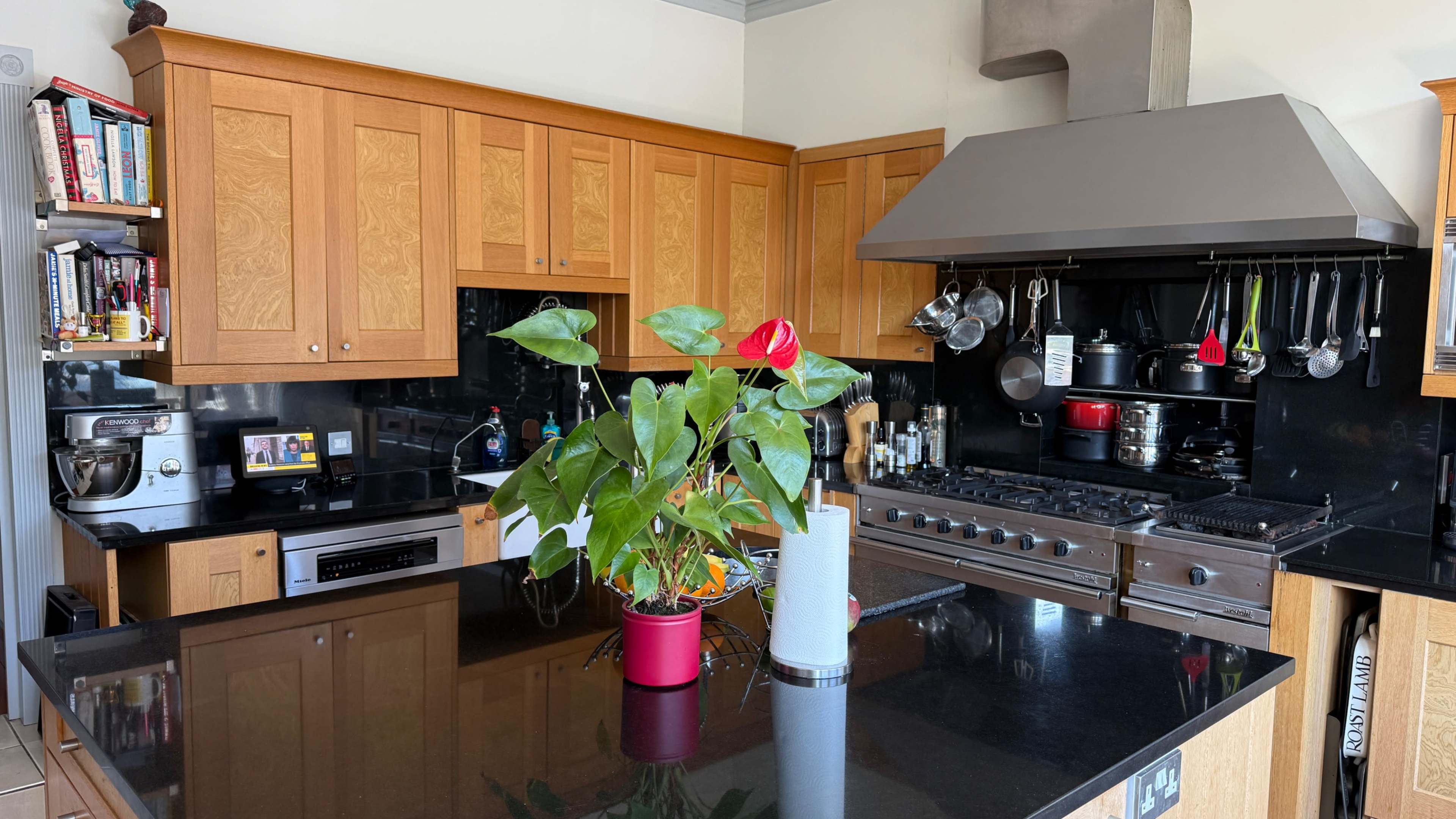 The image shows a modern kitchen with wooden cabinetry, a stainless steel hood, and a large black countertop featuring a potted plant in the center.