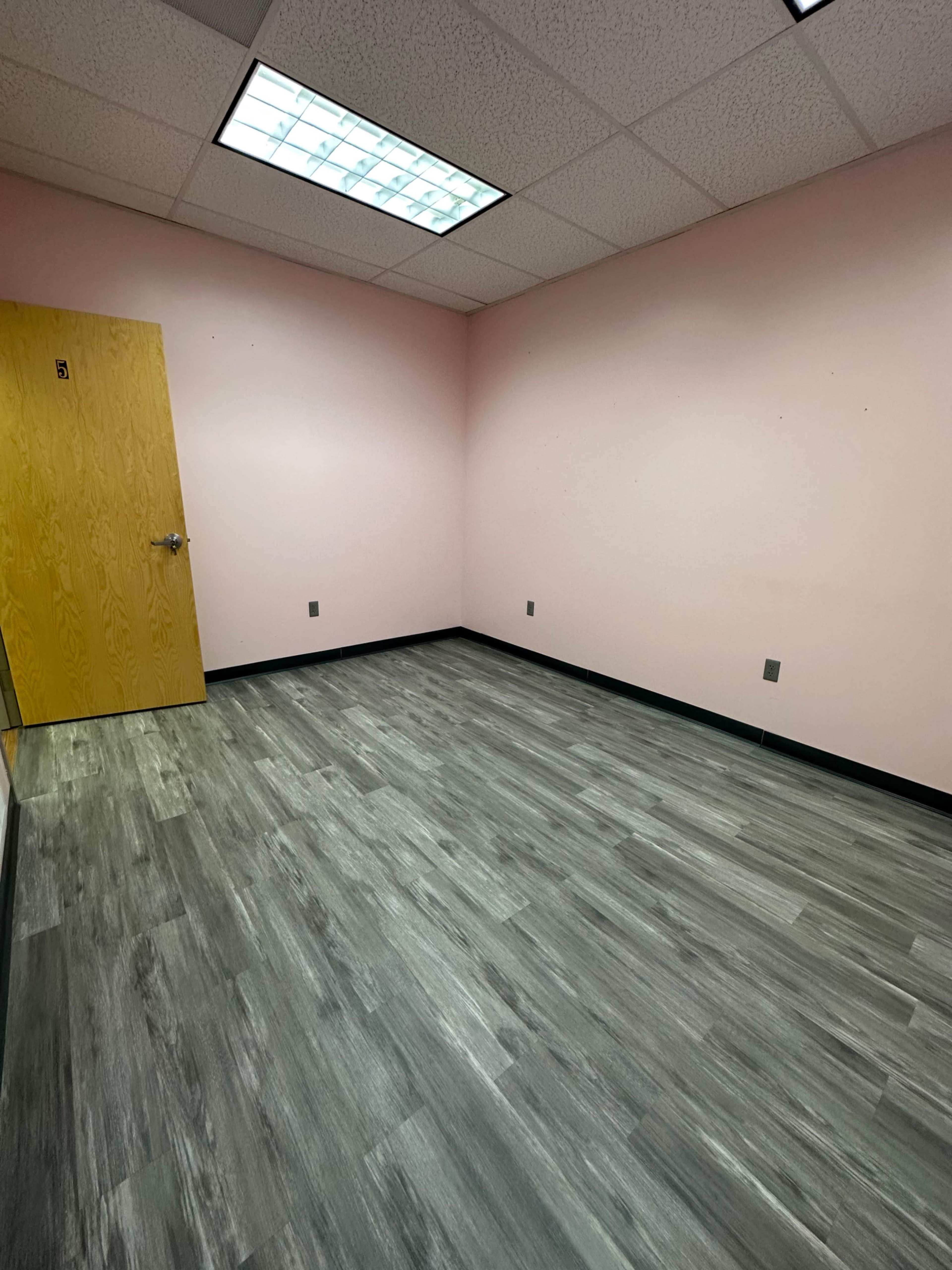 The image shows an empty room with pink walls, a wooden door, and gray laminate flooring.