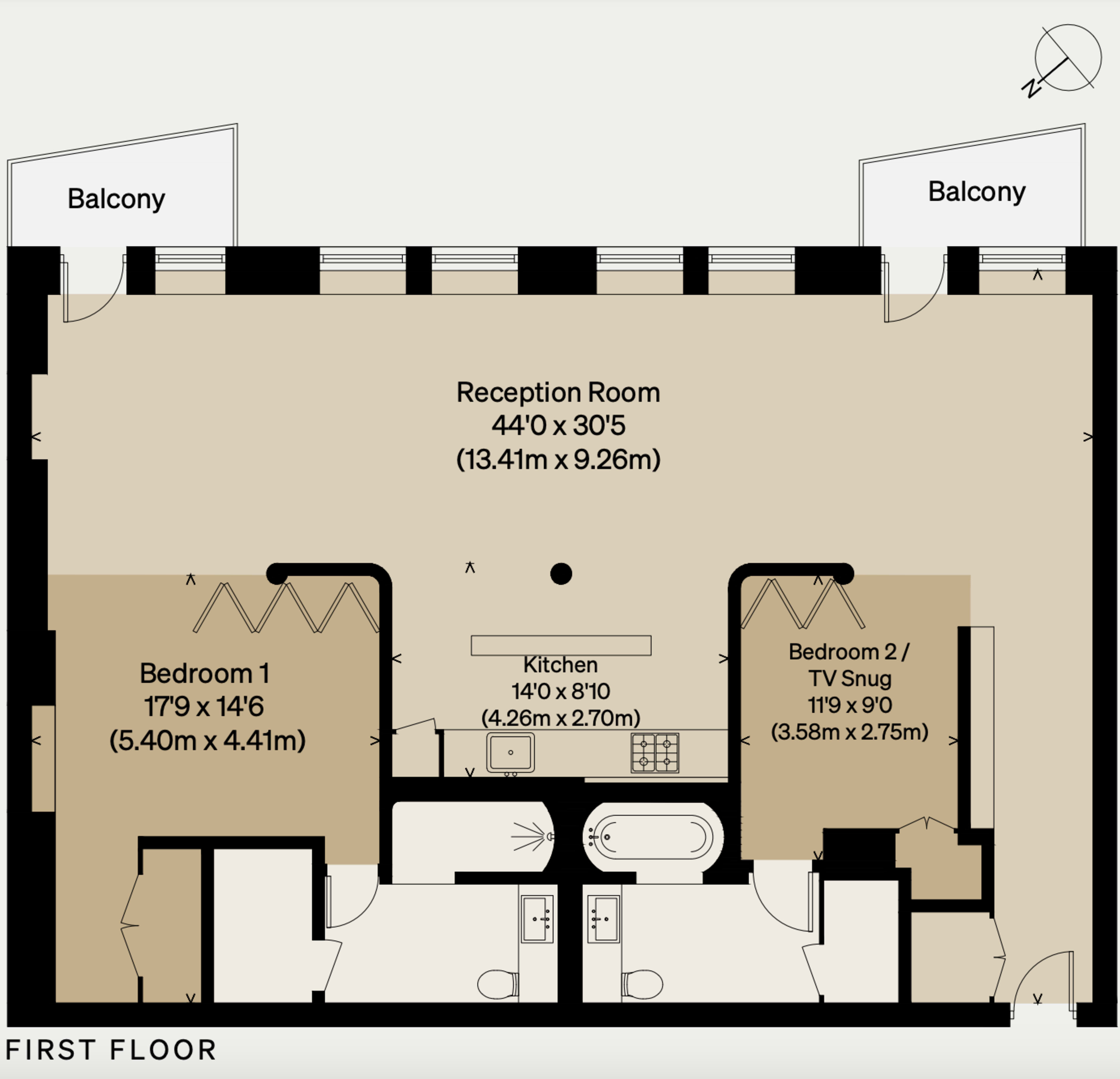 A floor plan of a first-floor layout featuring a reception room, two bedrooms, a kitchen, and balconies.