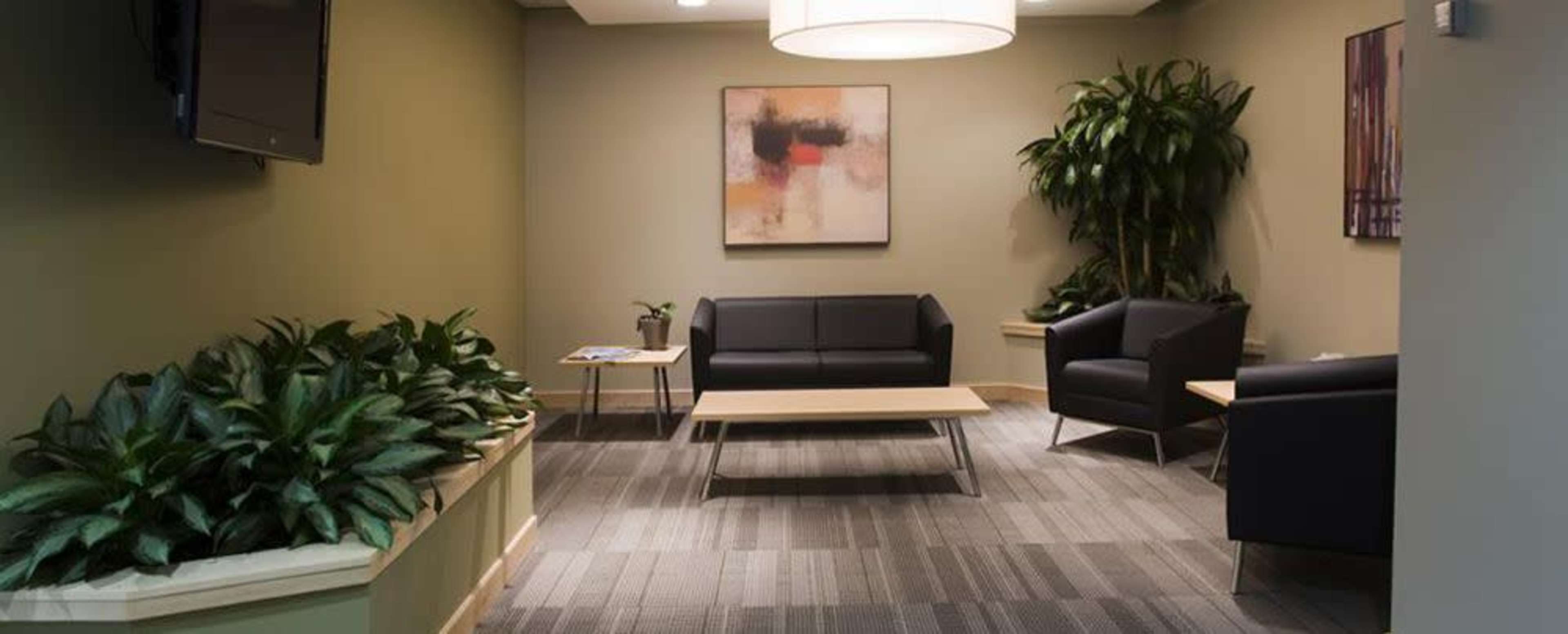 A modern waiting area with two black sofas, a coffee table, and decorative plants under soft lighting.