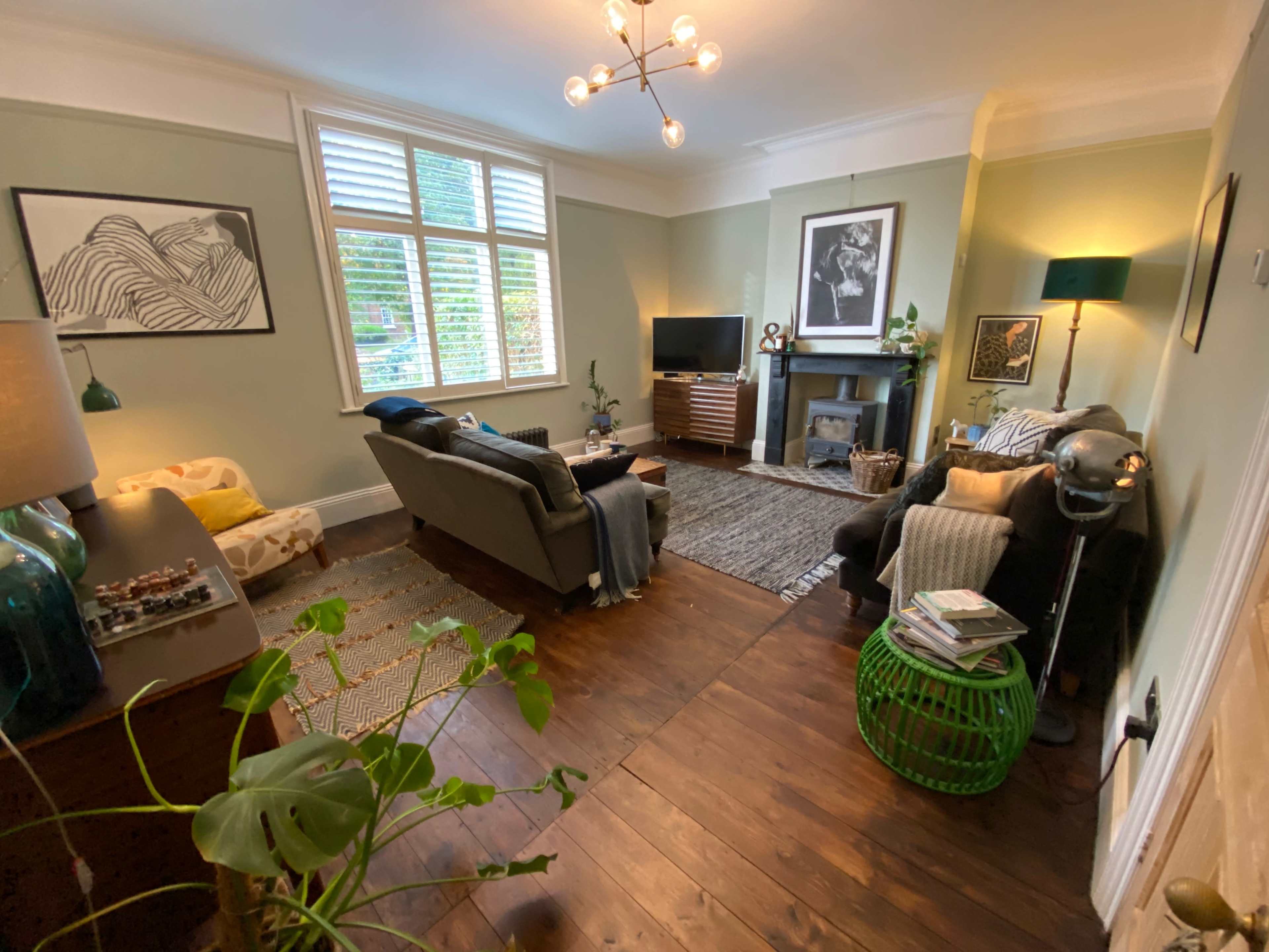 A cozy living room with a seating area, a television, a fireplace, and a mix of decor including plants and artwork.