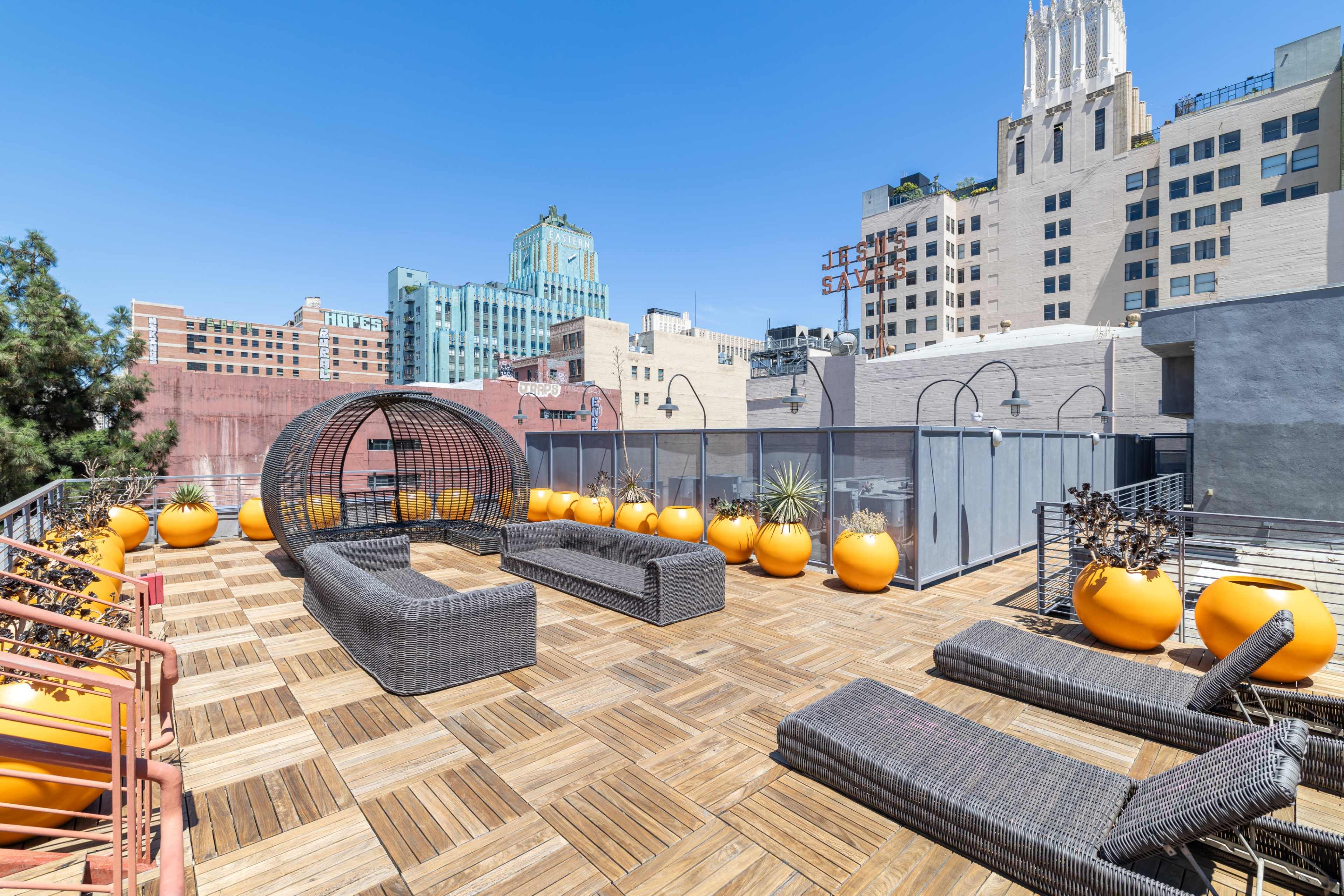 The image shows a rooftop terrace featuring modern seating arrangements, potted plants, and a wooden deck, against a backdrop of city buildings under a clear blue sky.