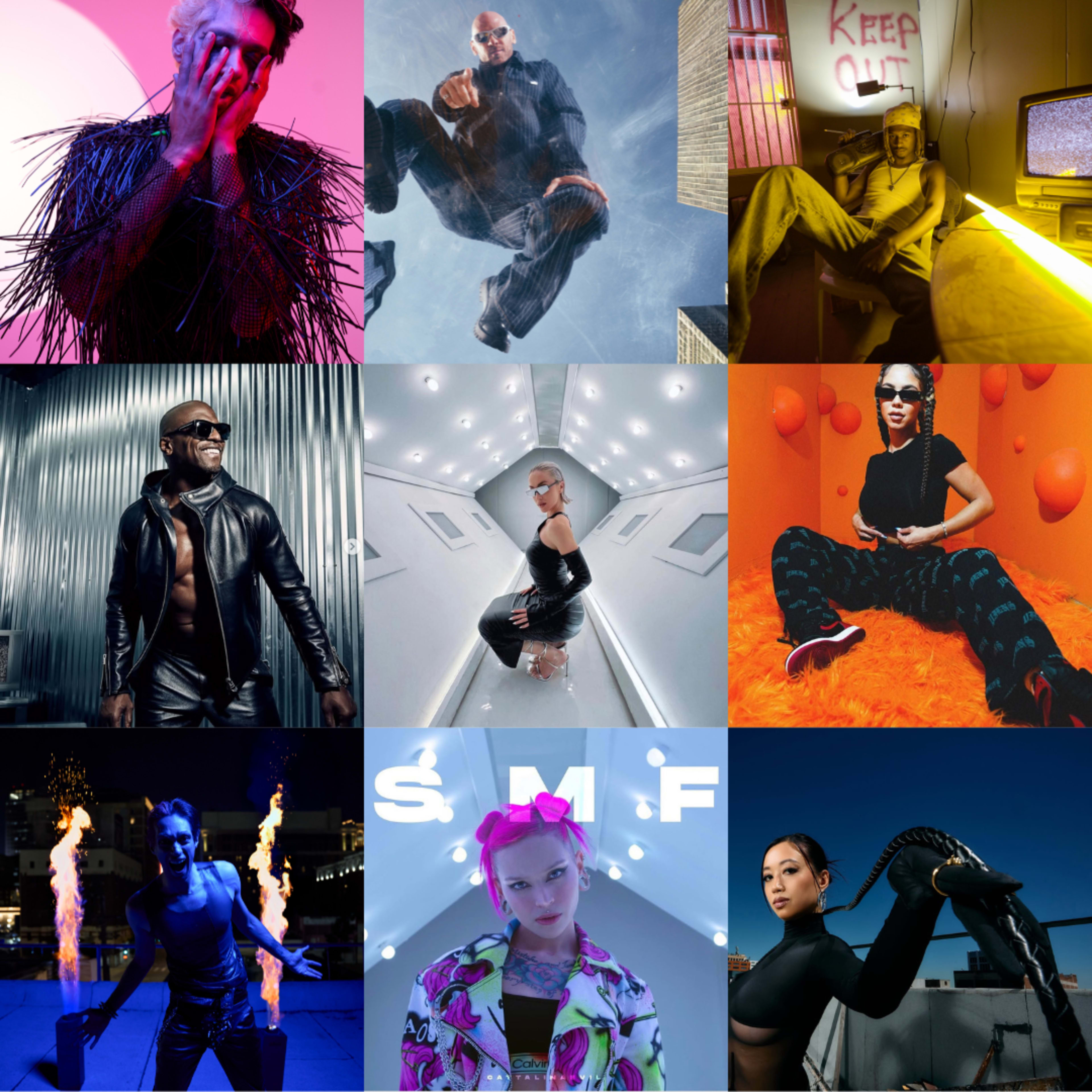 The image features a collage of nine striking photographs, each showcasing individuals in various bold styles and settings, including vibrant colors and dynamic poses.