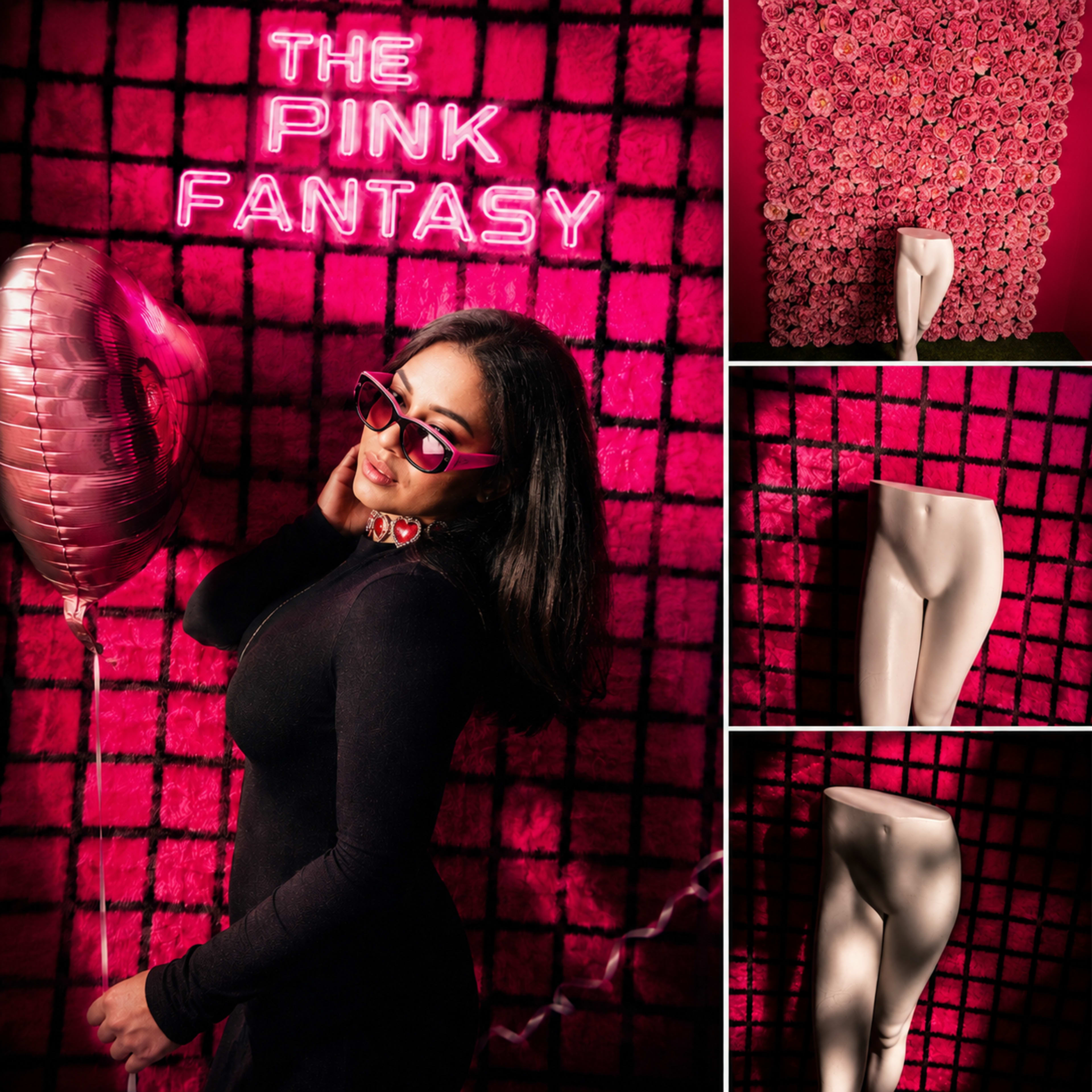 The image features a woman holding a pink balloon in front of a vibrant pink wall adorned with flowers and a neon sign reading "THE PINK FANTASY," alongside close-up views of a mannequin's lower body.