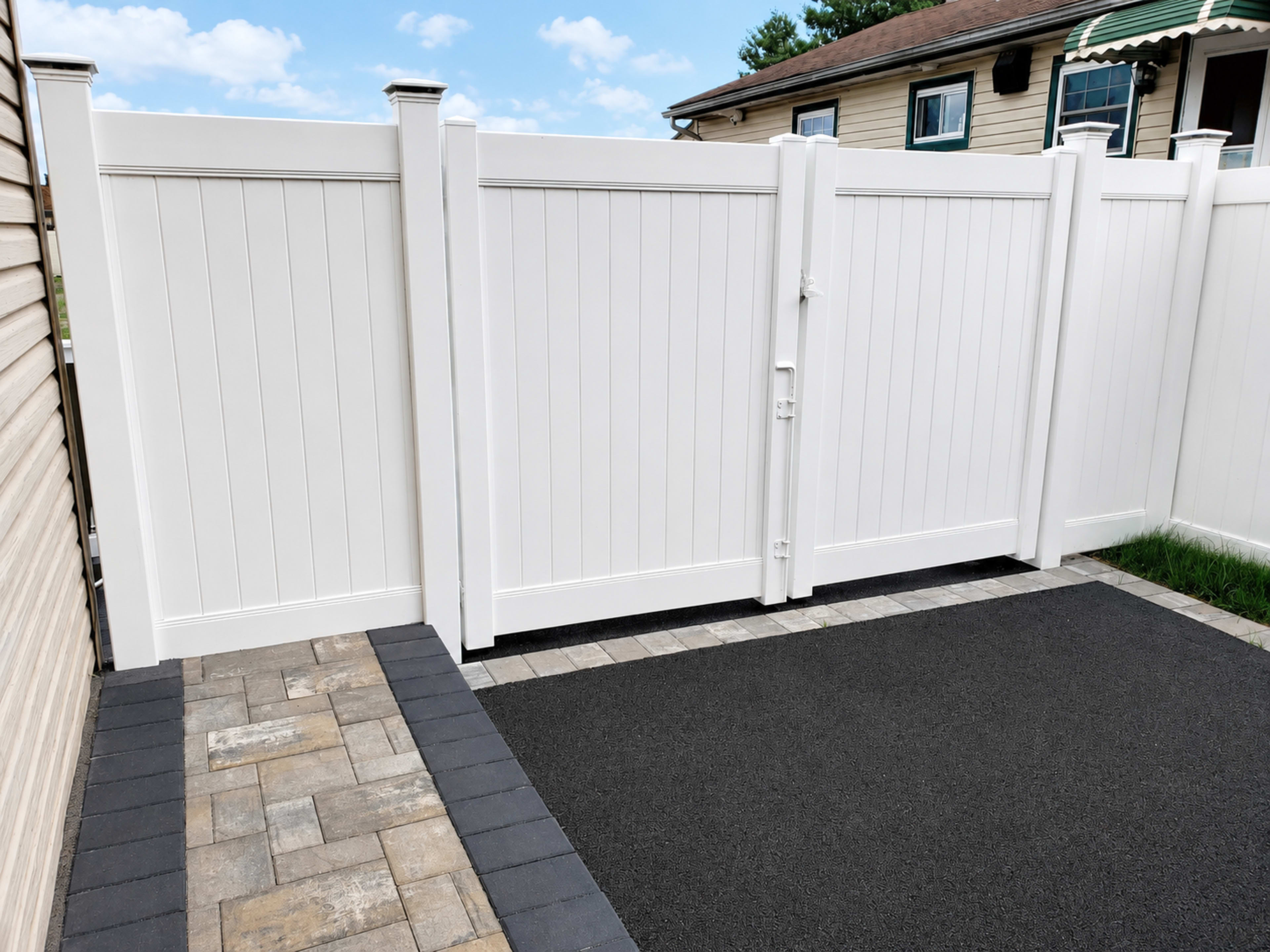 The image shows a white vinyl fence with a gate, enclosing a paved area and a grassy space beside a house.