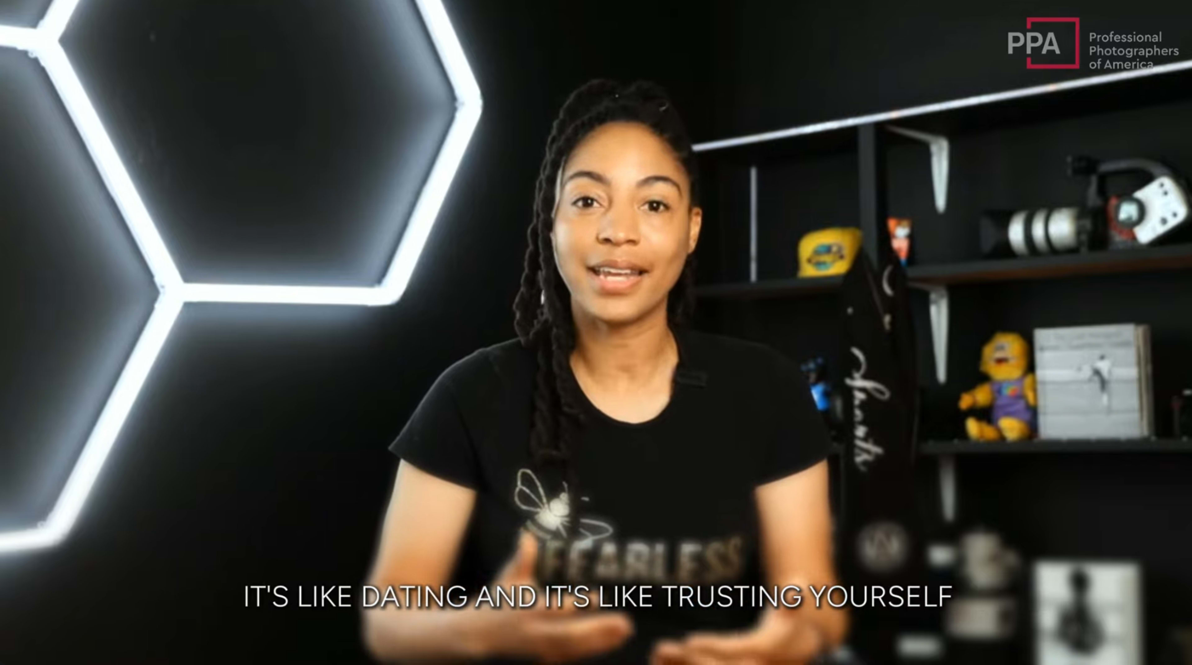 A woman is speaking in front of a backdrop with various items, emphasizing the theme of trust and self-discovery in a relationship context.