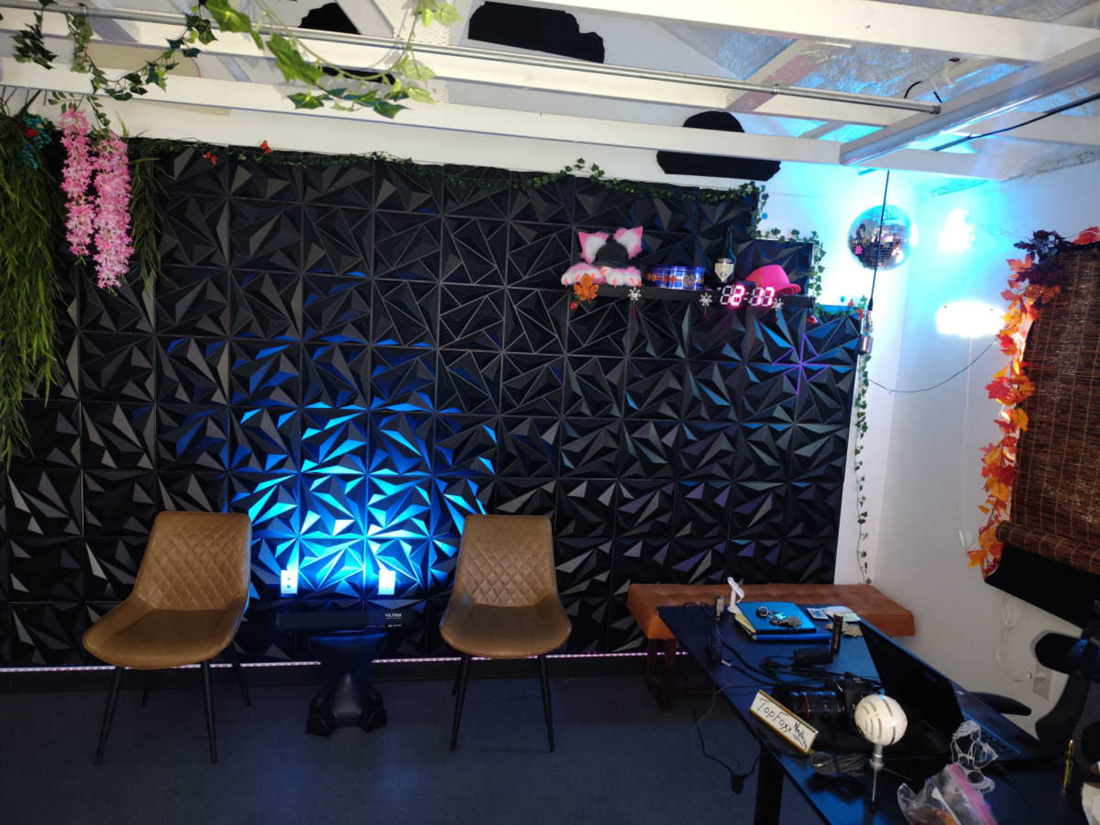 The image shows a modern room featuring a textured black wall, two beige chairs, a small table, and ambient lighting with decorative plants and shelf displays.