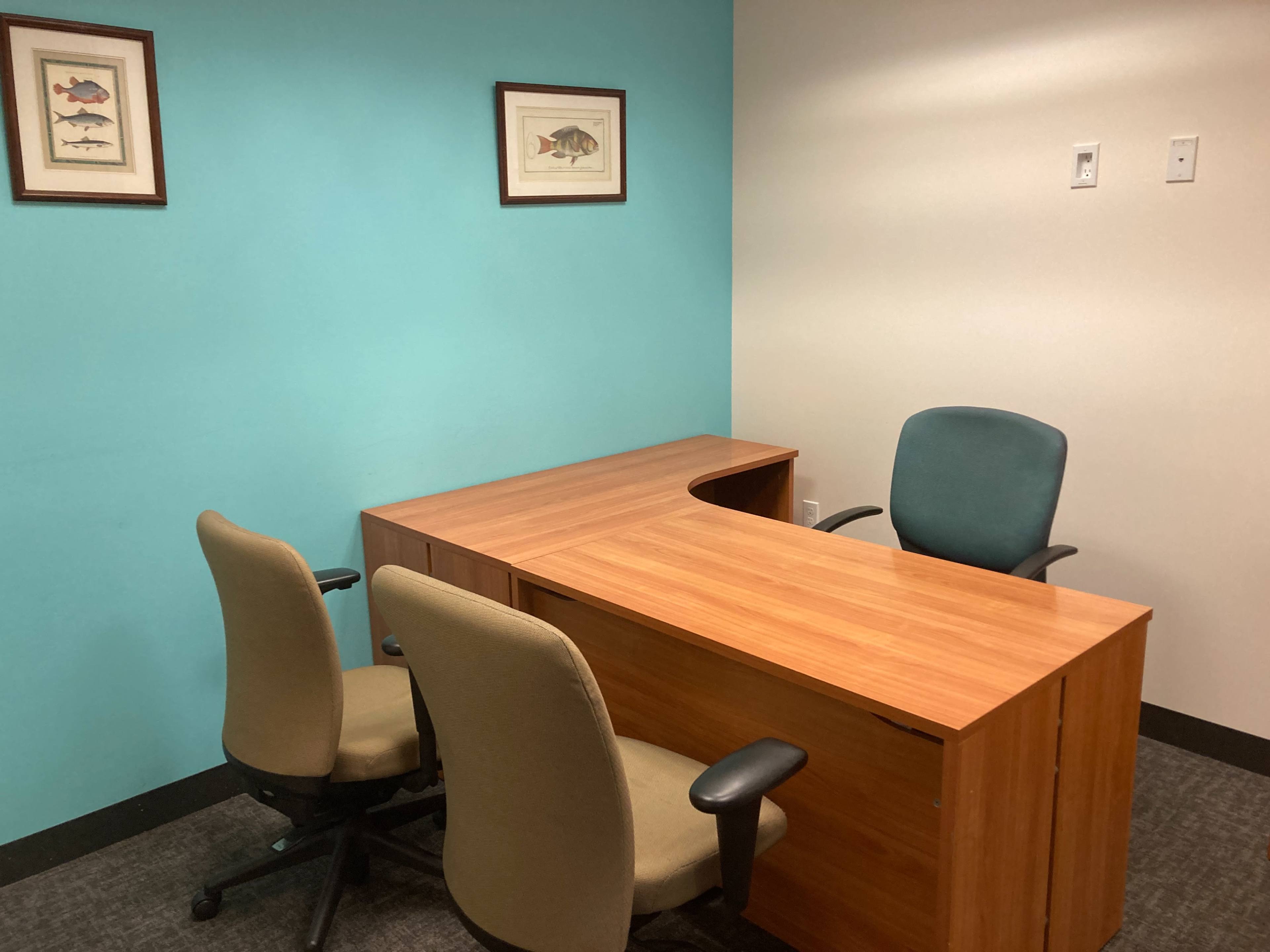 A small office with a wooden desk, two office chairs, and framed fish illustrations on the turquoise walls.