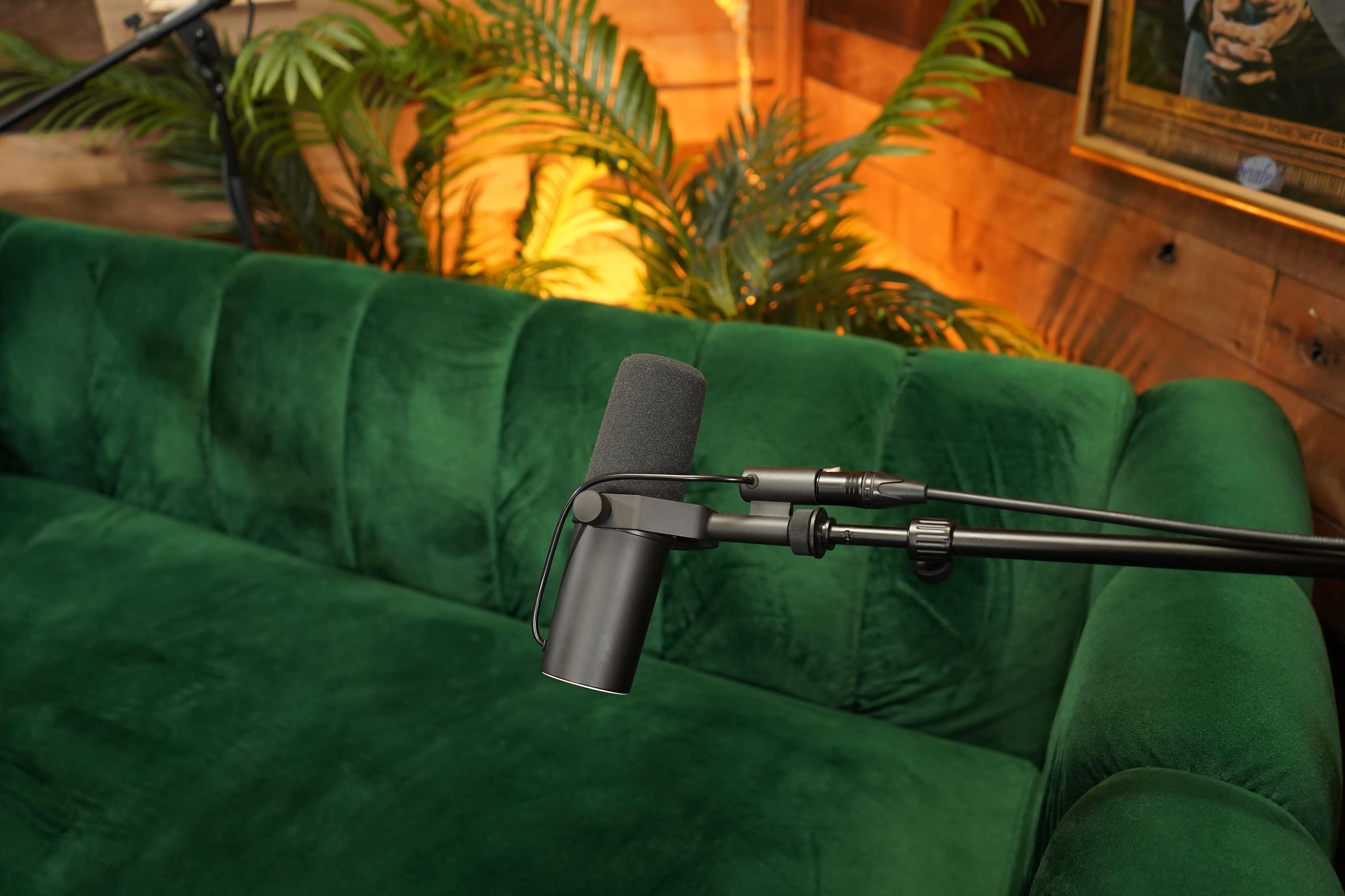 The image shows a green velvet couch with a microphone mounted on a stand in front of it.