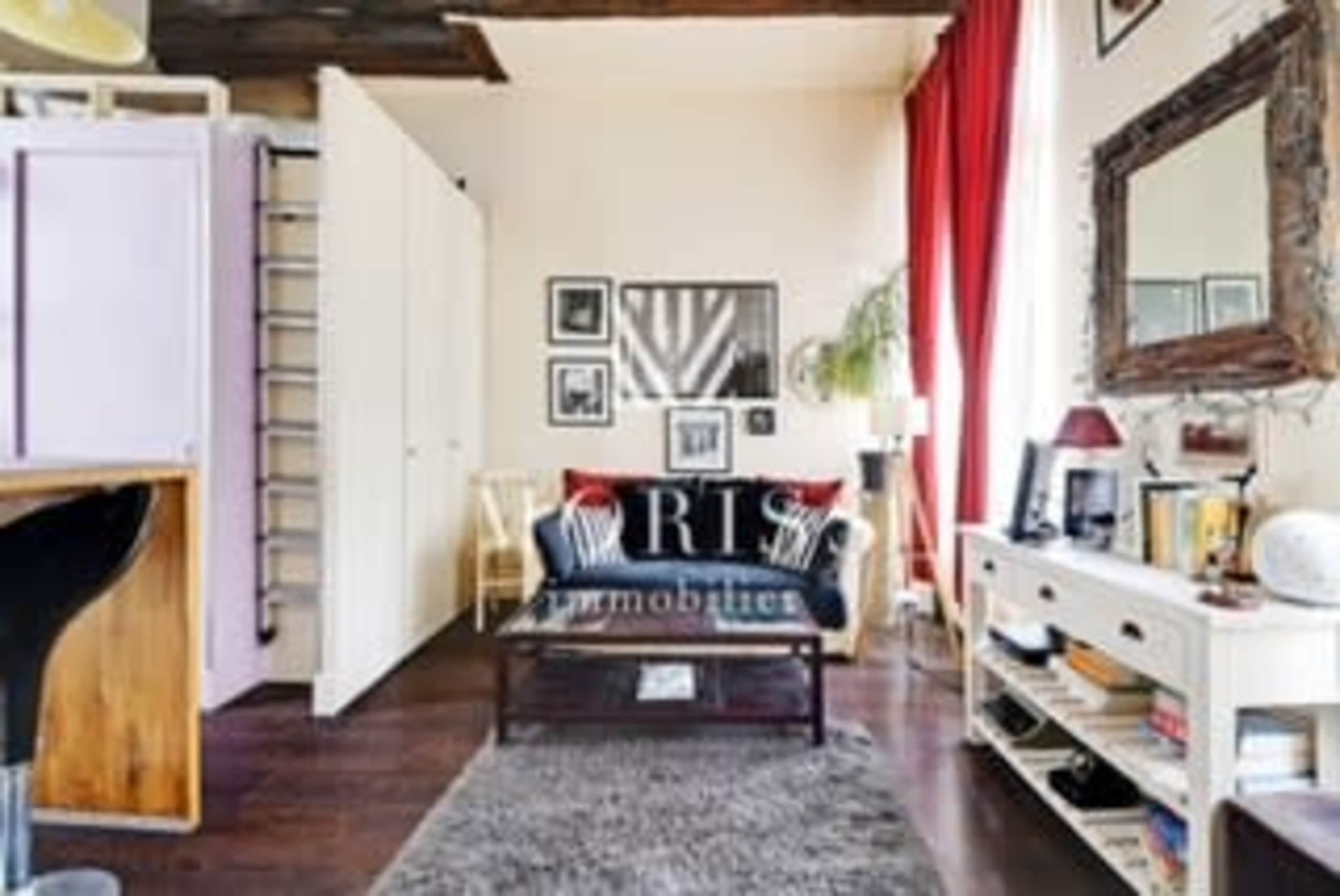 The image shows a compact living space with a sofa, shelves, and a bed combined with a decorative mirror and curtain.