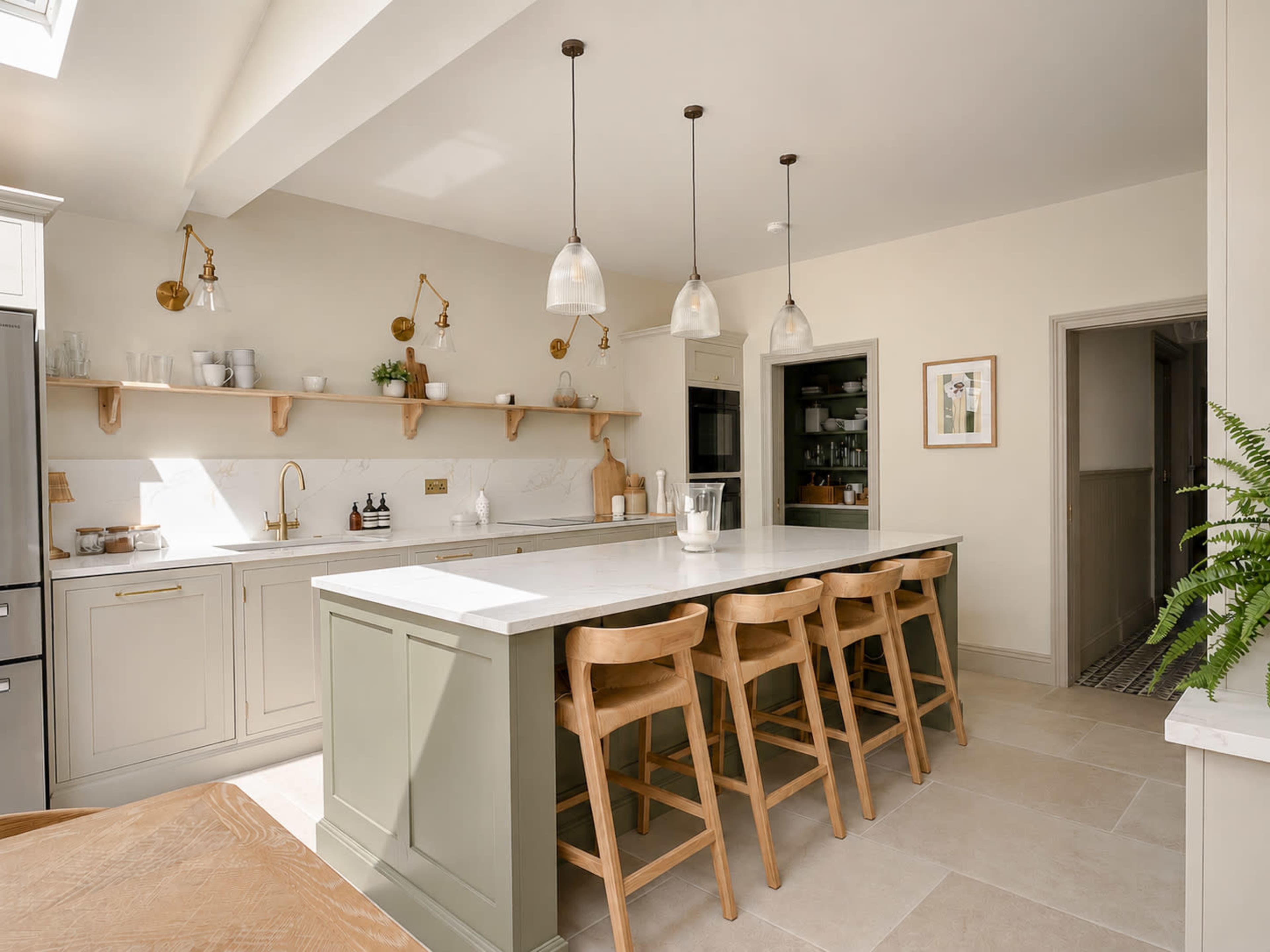 The image shows a modern kitchen featuring a large island with wooden stools, marble countertops, and wall-mounted lighting above a simple shelf.