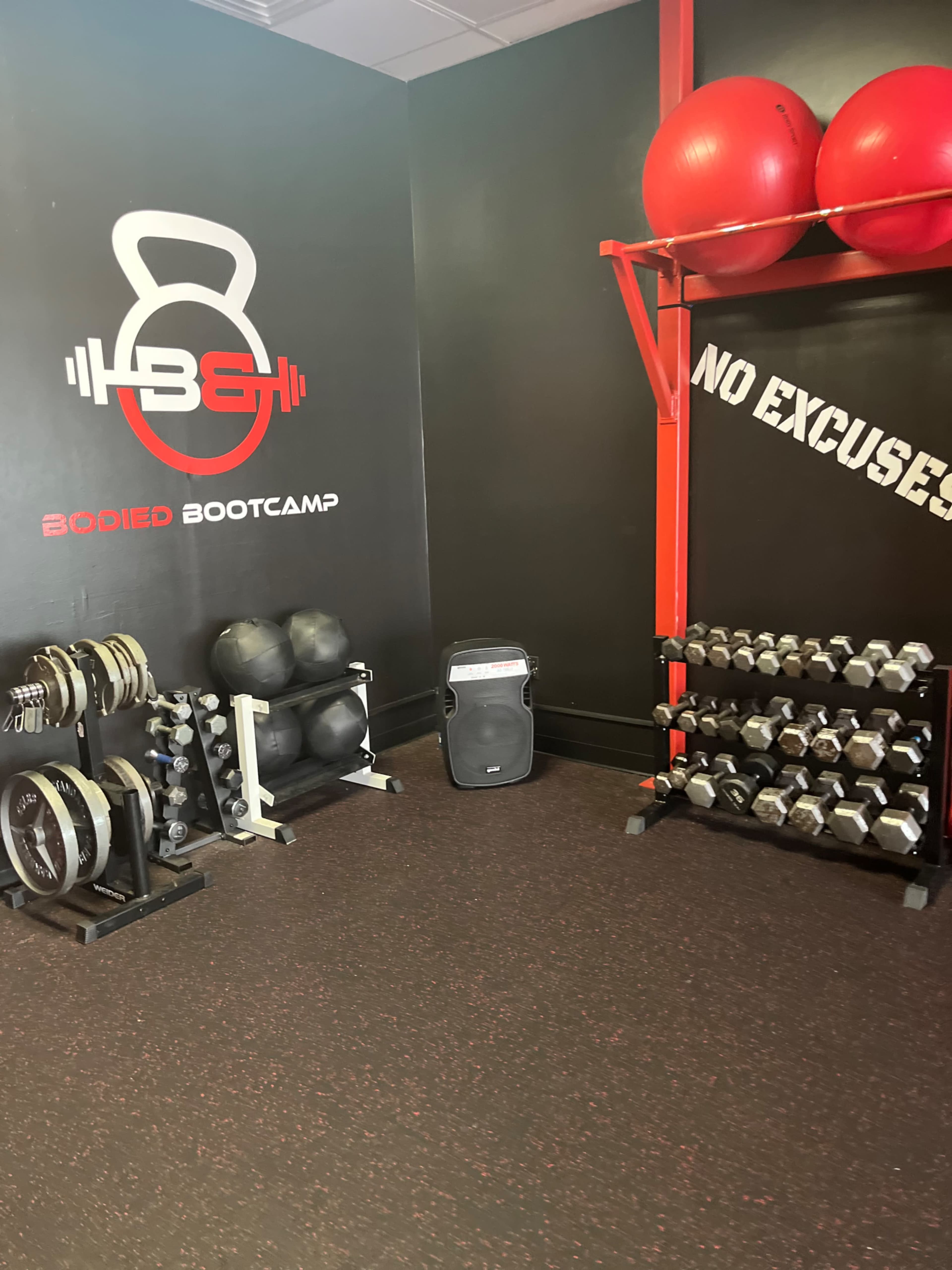 A corner of a gym with weights, kettlebells, and exercise balls stored on a rack against a black wall with the phrase "No Excuses" painted on it.